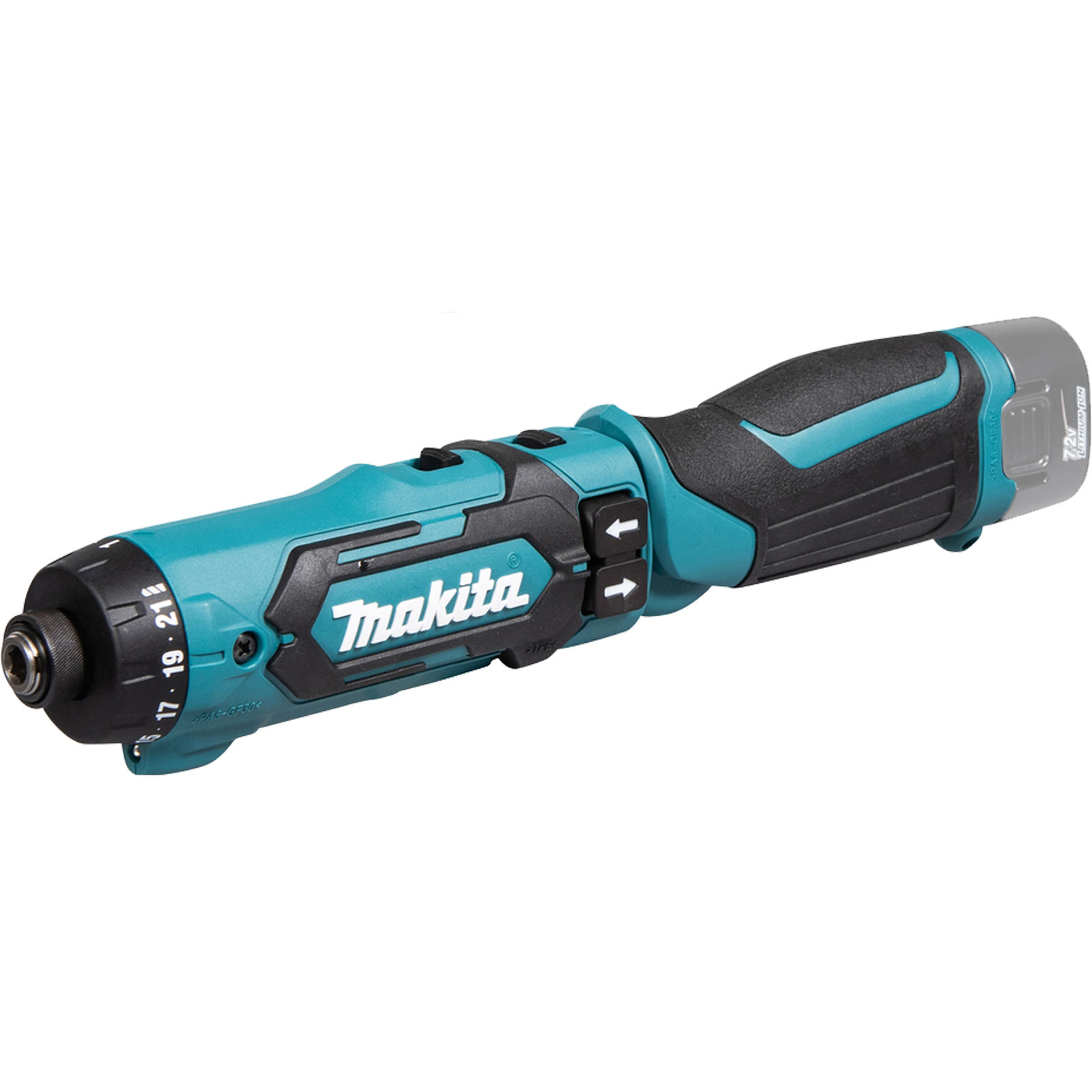 Un cacciavite a batteria Makita. È turchese e nero con il logo Makita. Ha una batteria.