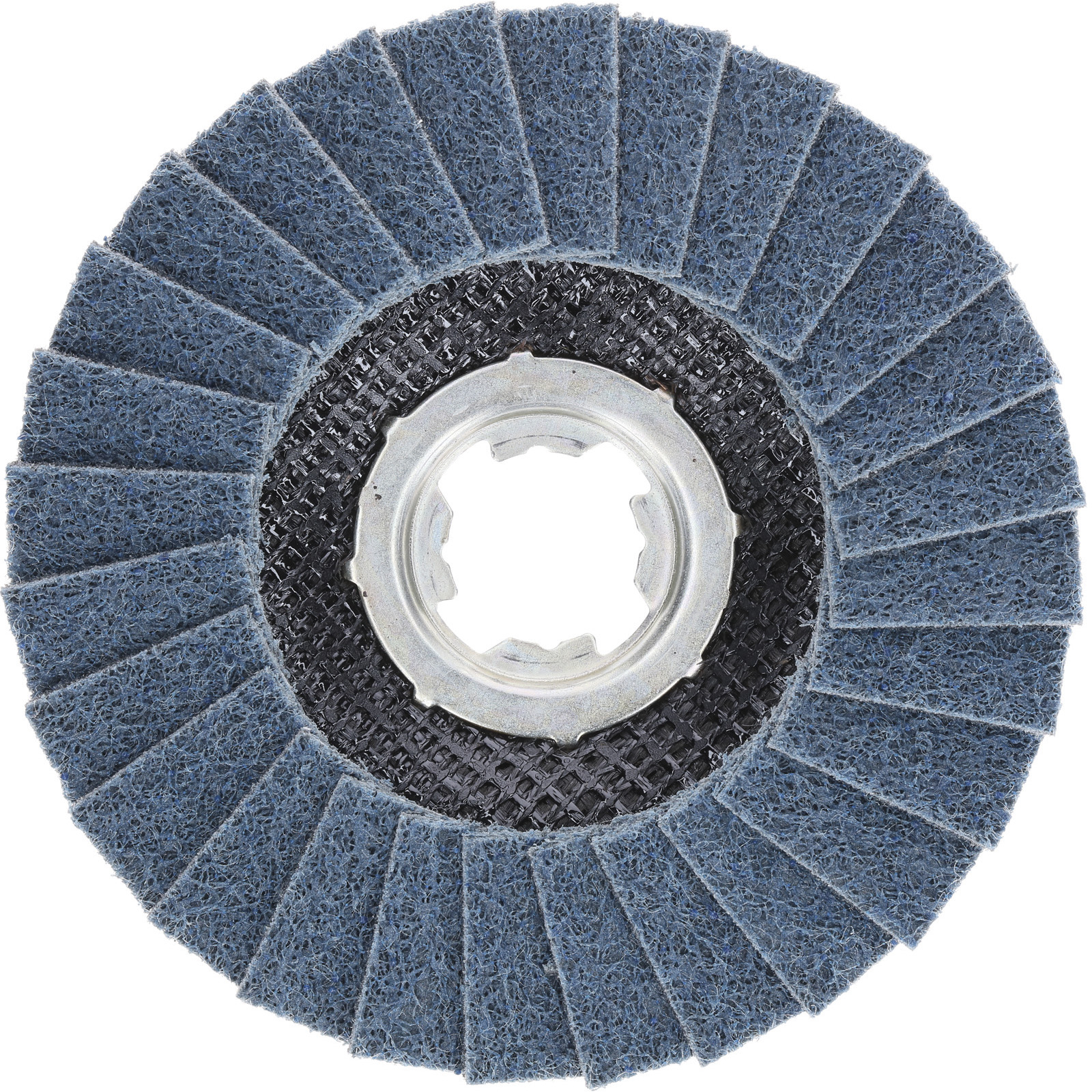 Uno strumento abrasivo a forma di disco con alette blu-grigie, uno strato a rete nero e un centro metallico argentato.