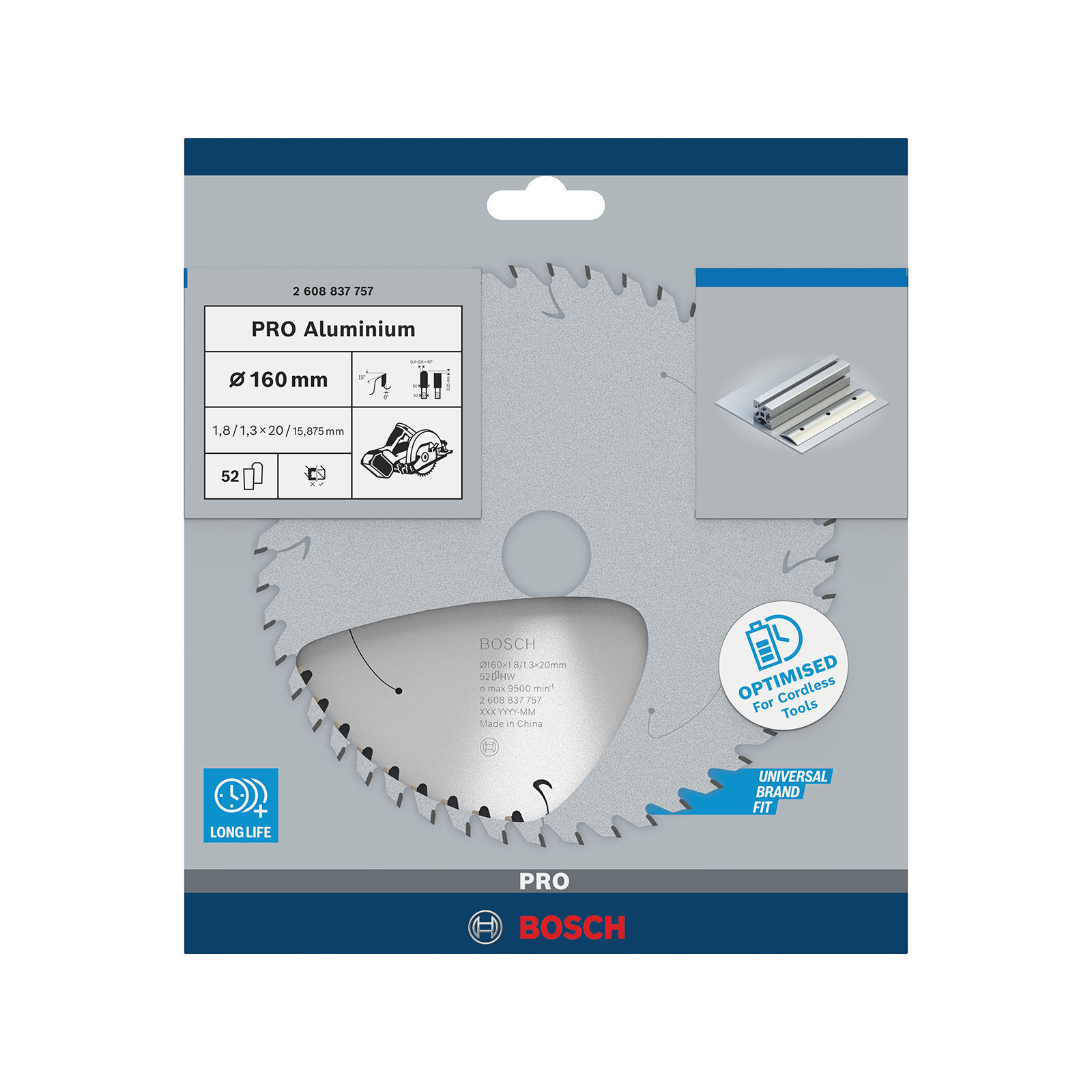 Ein Kreissägeblatt für Aluminium. Es hat eine silberne Farbe mit schwarzen Zähnen. Es gibt das Bosch-Logo und andere Produktinformationen.