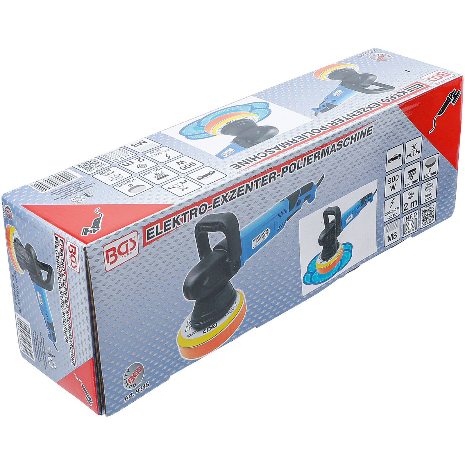 Elektrischer Polierer in der Box. Blauer und schwarzer Polierer auf der Vorderseite. Box hat Text in Deutsch und Produktinformationen.