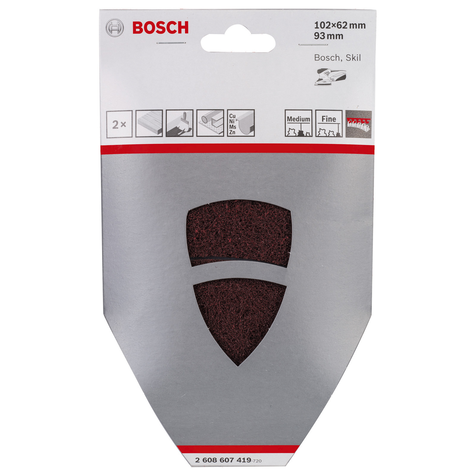 Bosch Schleifpad-Verpackung. Mit einem schildförmigen Pad mit rotbrauner Schleifoberfläche in einer silber-weißen Verpackung.