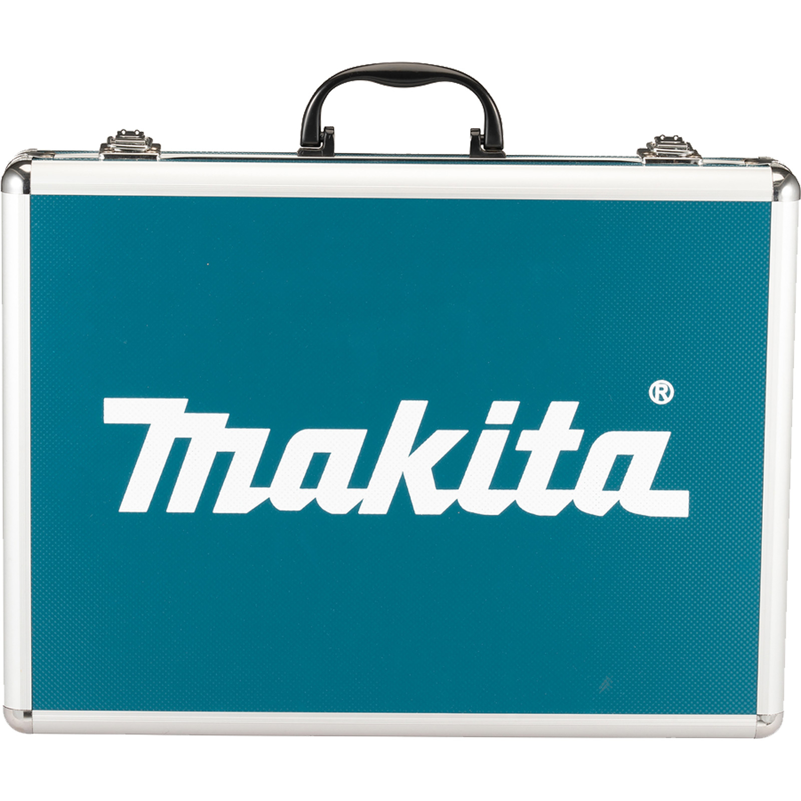 Ein Makita-Werkzeugkoffer. Er hat eine türkisblaue Vorderseite mit dem weißen Makita-Logo und silbernen Zierleisten.