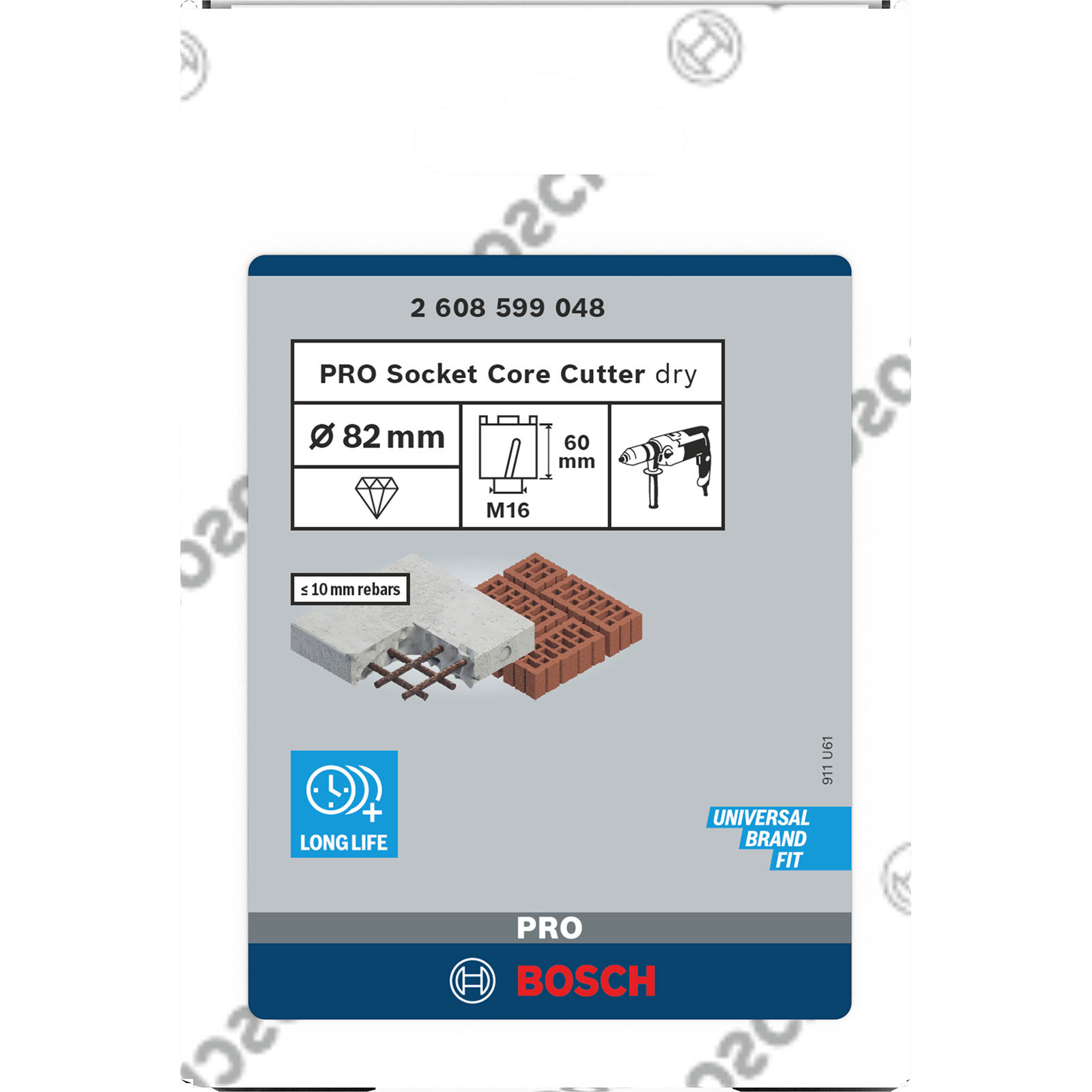 Opakowanie produktu Bosch Pro Socket Core Cutter. Pokazuje przecinak, wiertarkę i przykłady materiałów do cięcia.