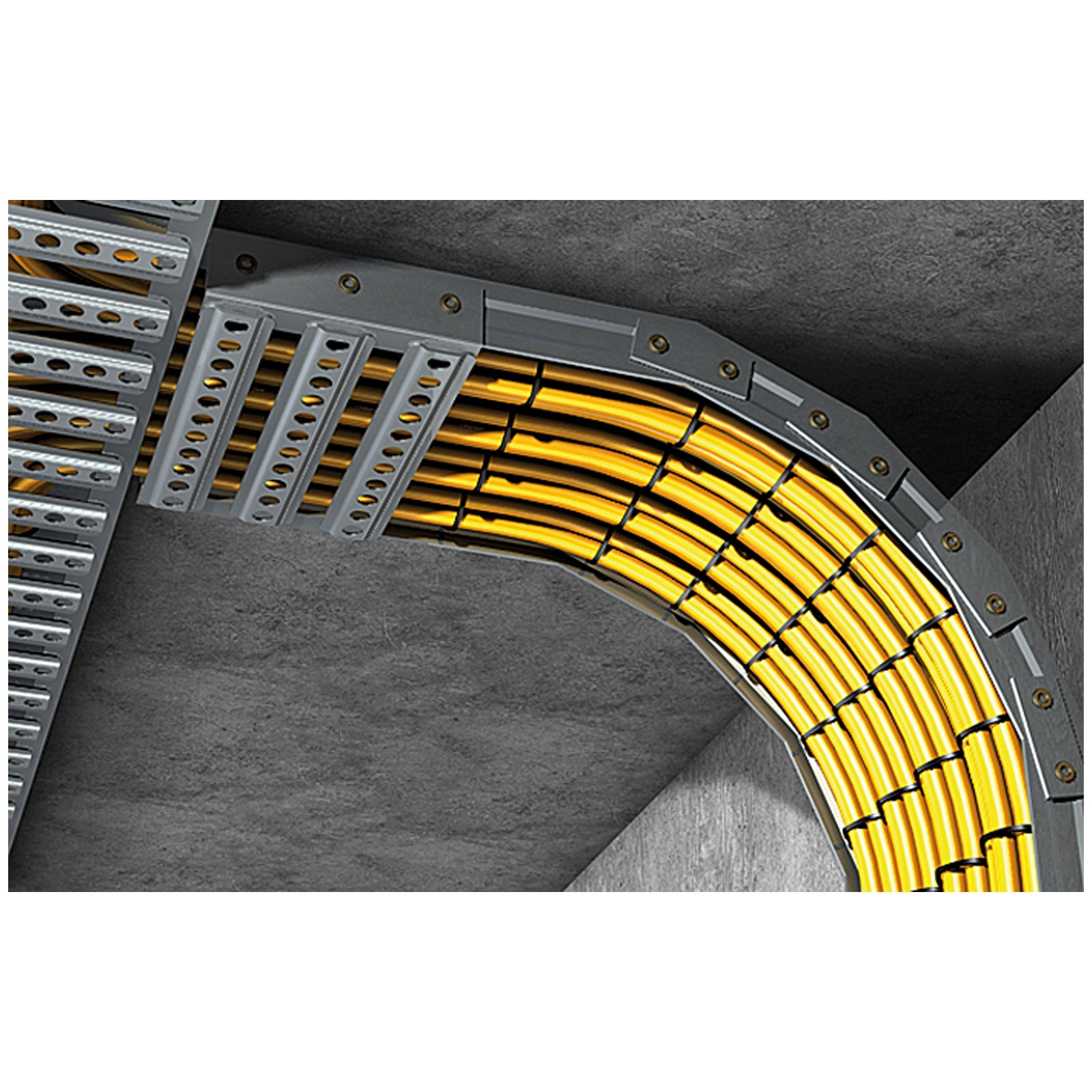 Nahaufnahme einer gebogenen Kabelrinne mit gelben Kabeln. Die Rinne ist metallisch und an einer grauen Betonmauer angebracht.