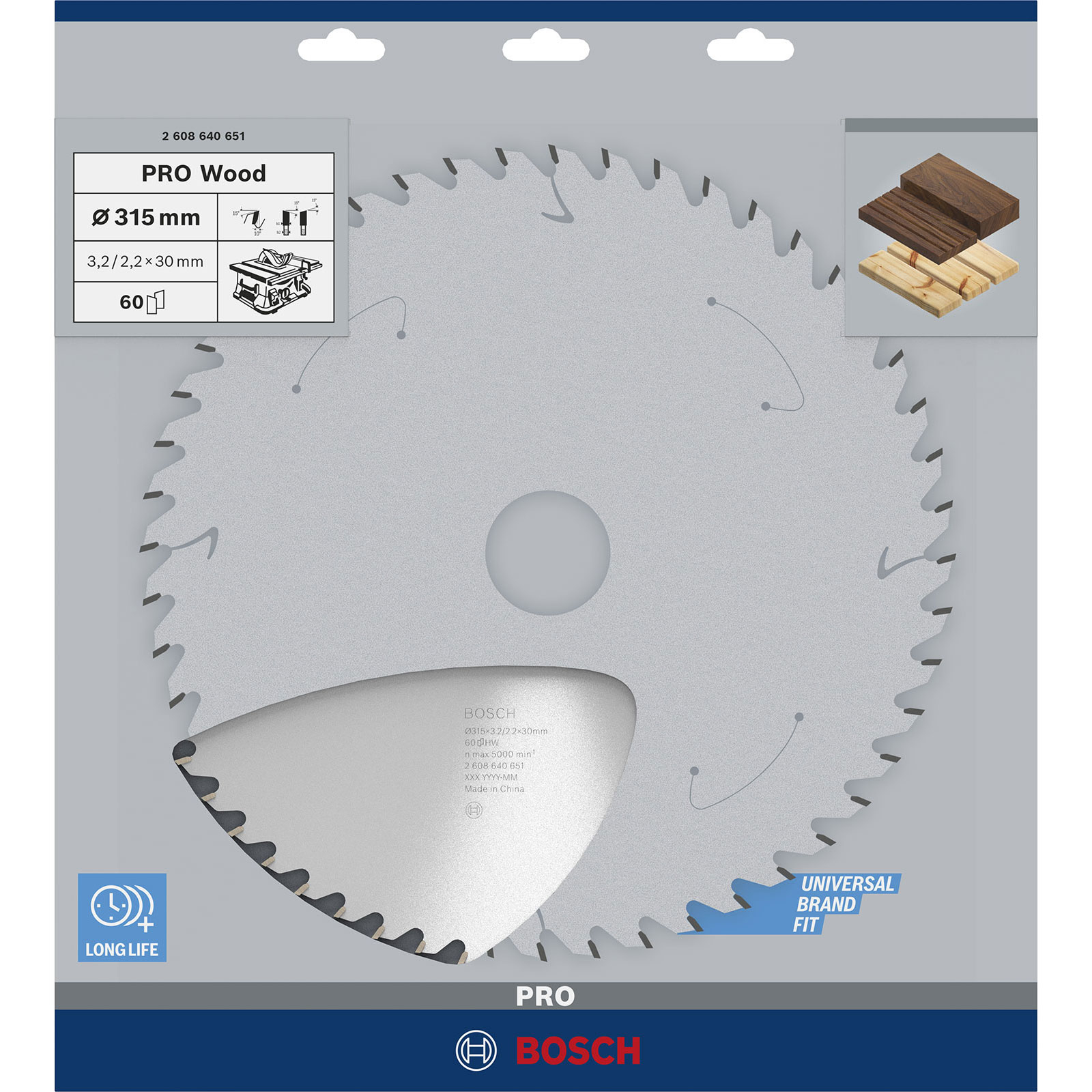 Ein Kreissägeblatt mit Bosch-Logo, PRO Wood-Etikett und Abmessungen. Es zeigt ein Holzbeispiel und 'Long Life'.