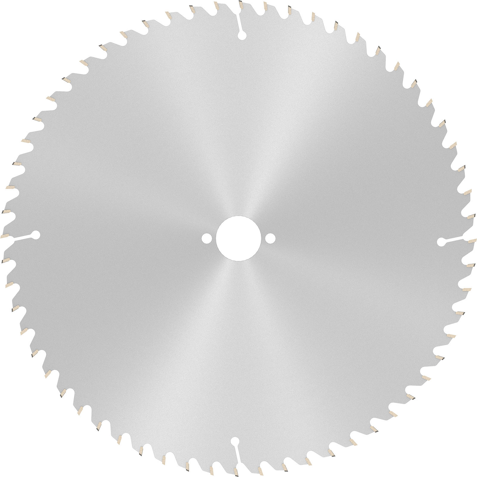 Kreissägeblatt. Silbernes Metall mit scharfen Zähnen am Rand. Hat ein zentrales Loch und zwei kleinere Löcher.