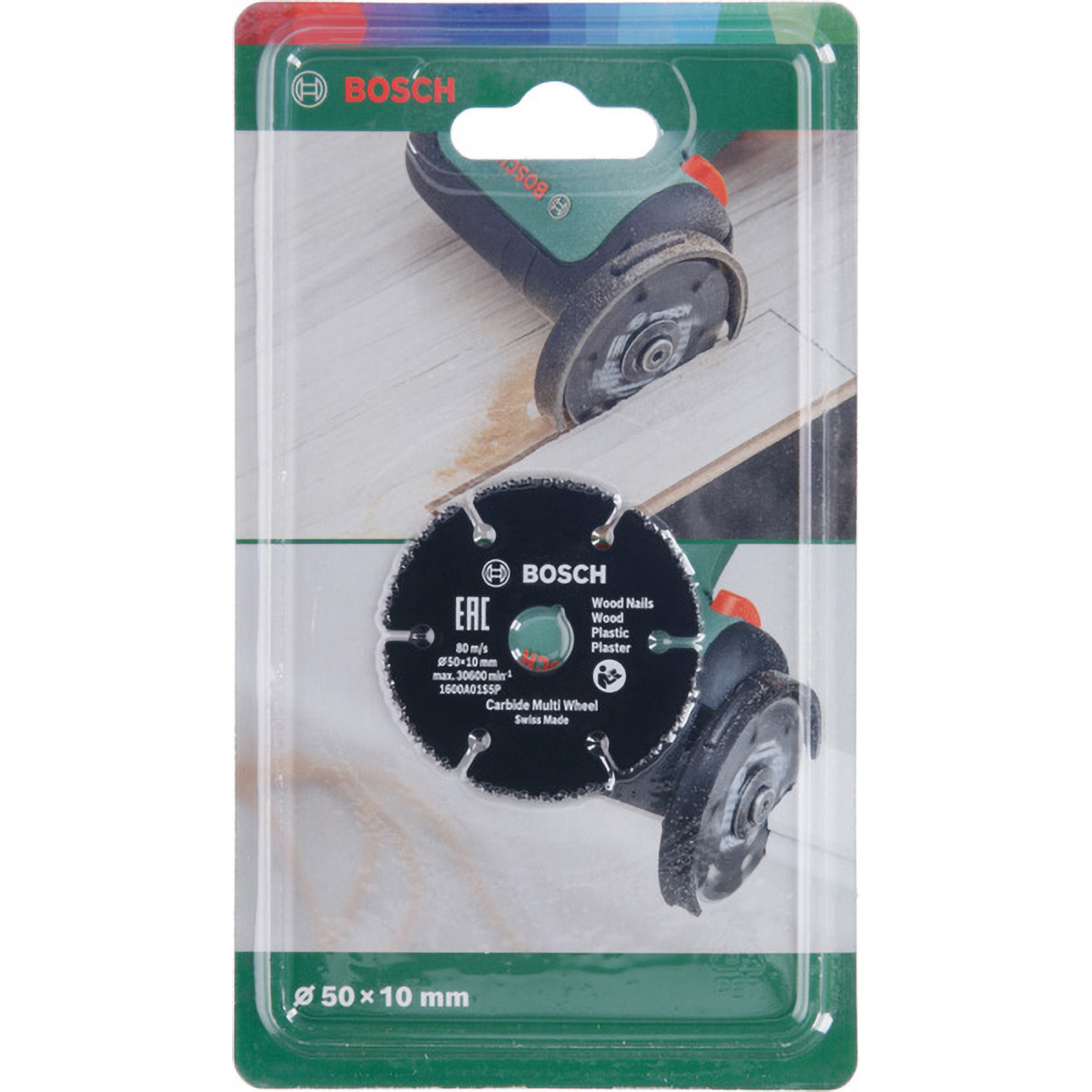 Ein Bosch-Multirad in der Verpackung. Das Rad ist schwarz, mit Text. Die Verpackung ist grün und durchsichtig.