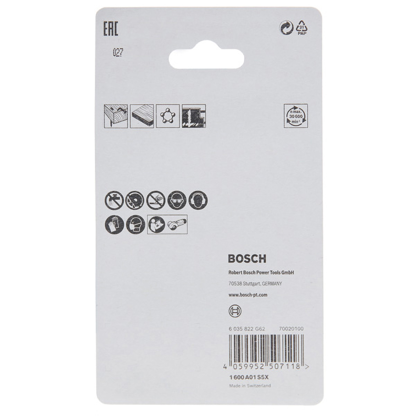 Weiße Produktverpackung mit Bosch-Logo. Enthält Sicherheitssymbole und Produktinformationen. Mit Barcode und 'Made in Switzerland'.