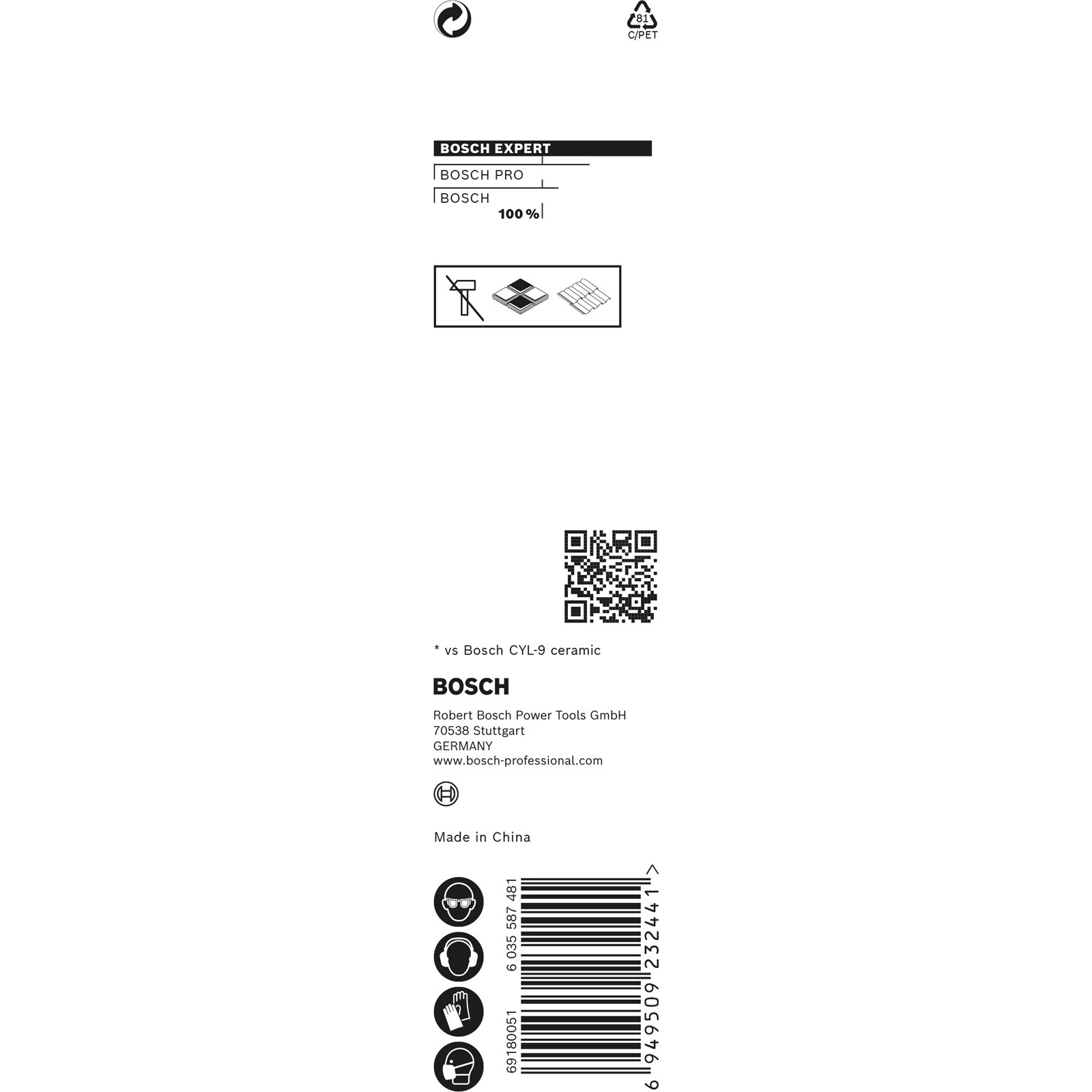 Sfondo bianco con logo Bosch, simboli e testo. Sono visibili un codice QR e un codice a barre. L'immagine mostra informazioni sul prodotto.