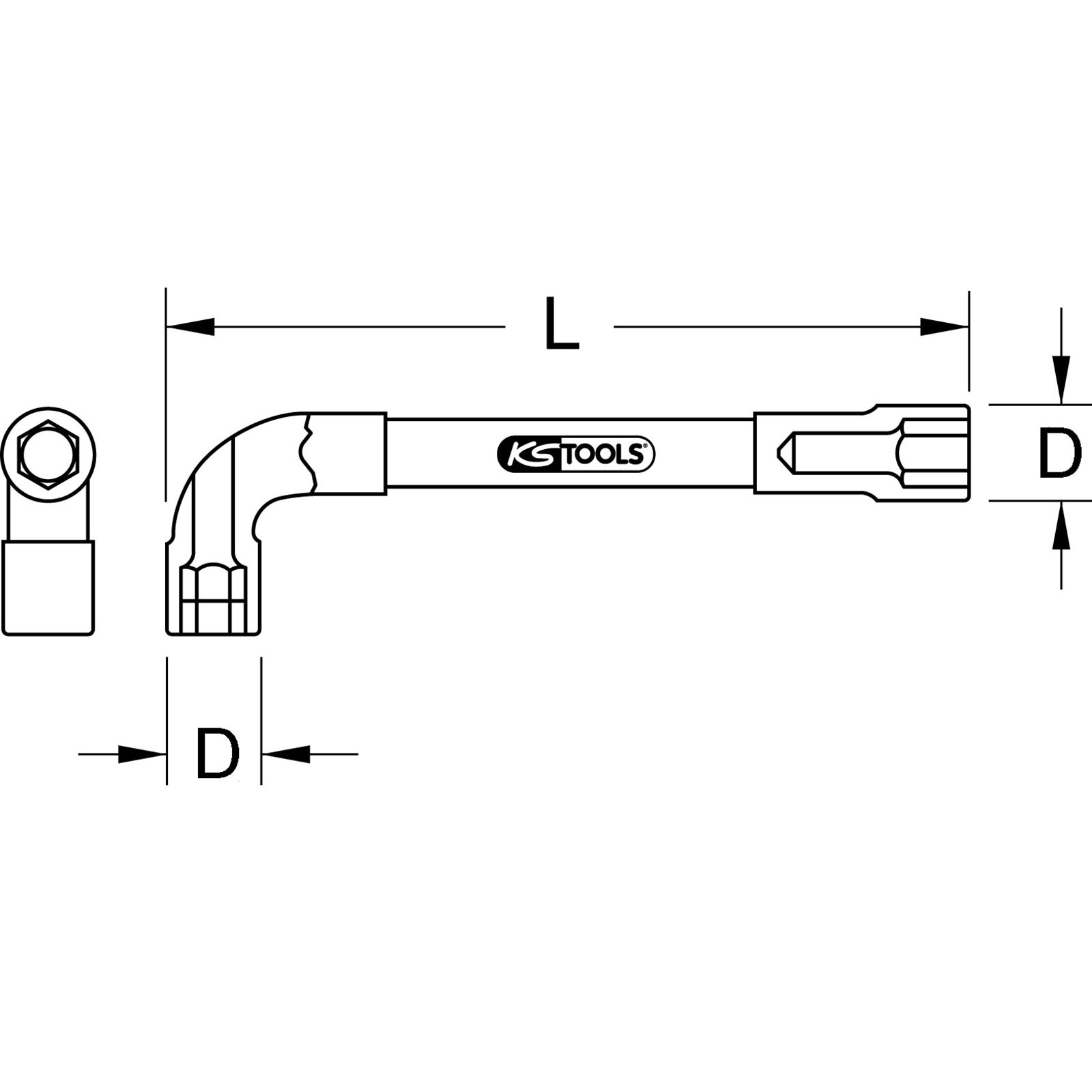 Diagramm eines L-förmigen Werkzeugs, beschriftet mit den Abmessungen 'L' und 'D'. KS TOOLS Logo sichtbar.