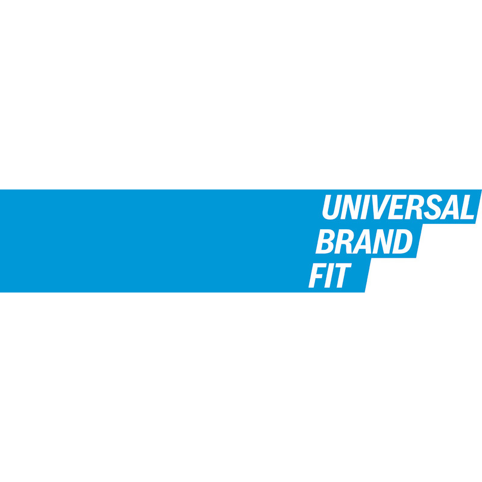 Das Bild hat einen weißen Hintergrund mit einem blauen horizontalen Balken oben. Die Wörter UNIVERSAL, BRAND und FIT sind weiß.