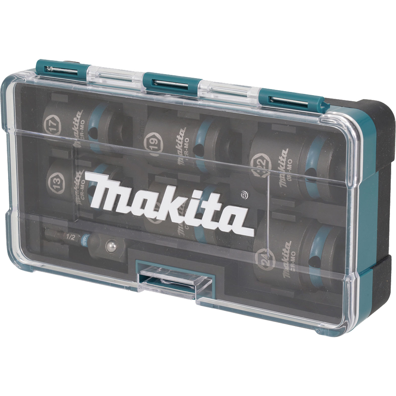 A Makita tool set in a clear plastic case. Sockets of different sizes are visible, with the Makita logo prominently displayed.