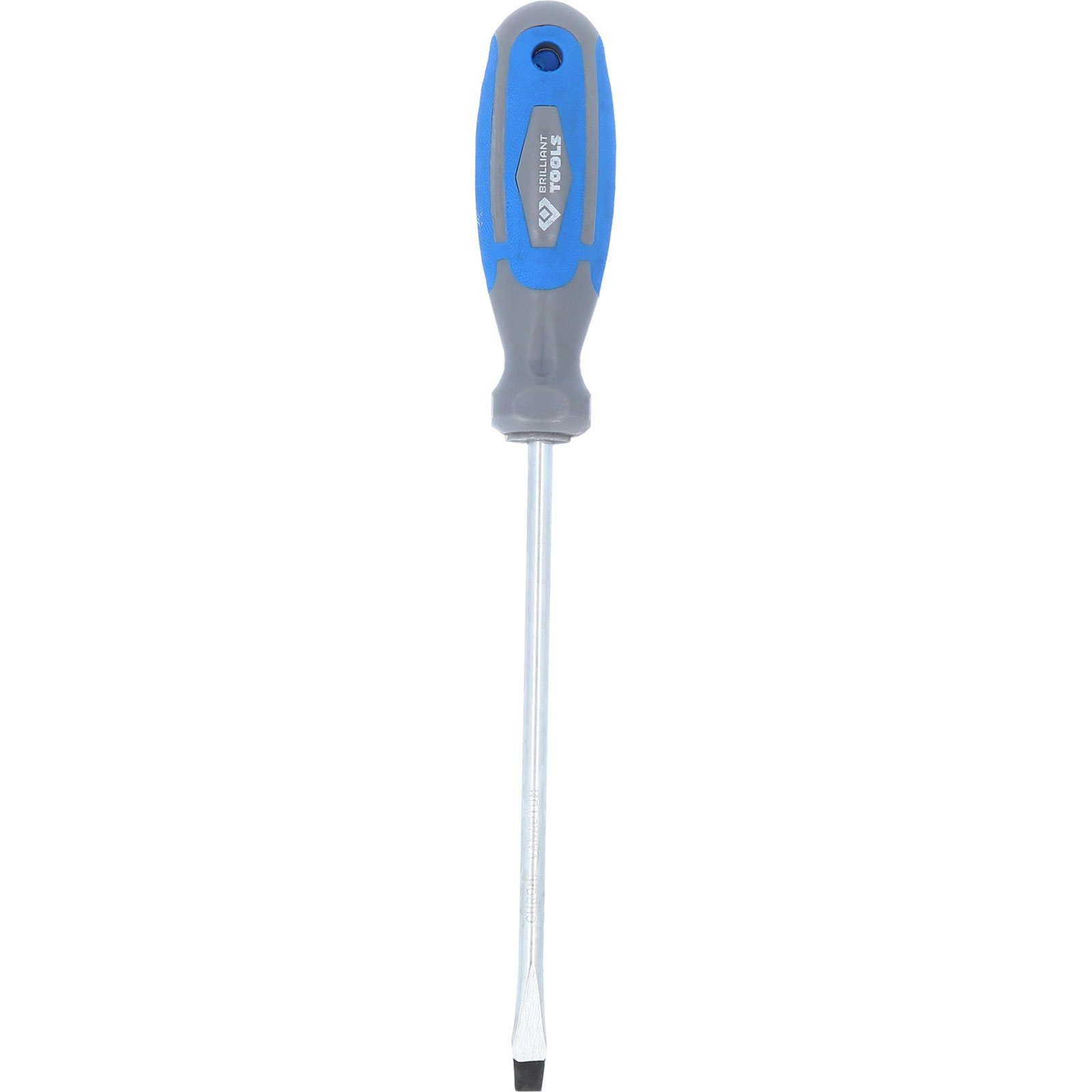 Un cacciavite con manico blu e grigio e asta argentata. Il manico ha il marchio 'BRILLIANT TOOLS'.