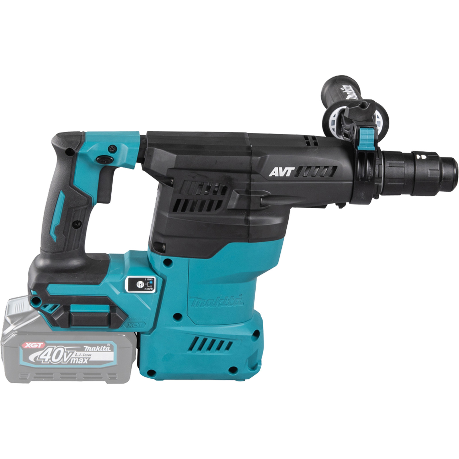 Martillo rotativo Makita XGT. Colores negro y turquesa. Incluye batería. Presenta el logotipo y la información del modelo.