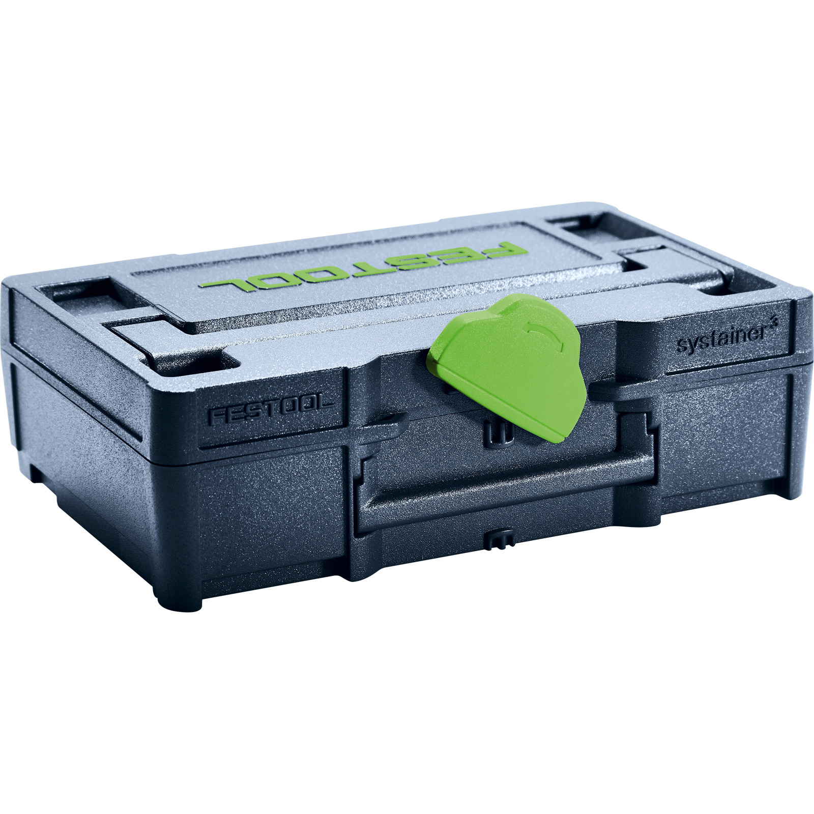 Una scatola Festool Systainer grigio scuro con manico verde, sfondo bianco. Il testo 'FESTOOL' è visibile.