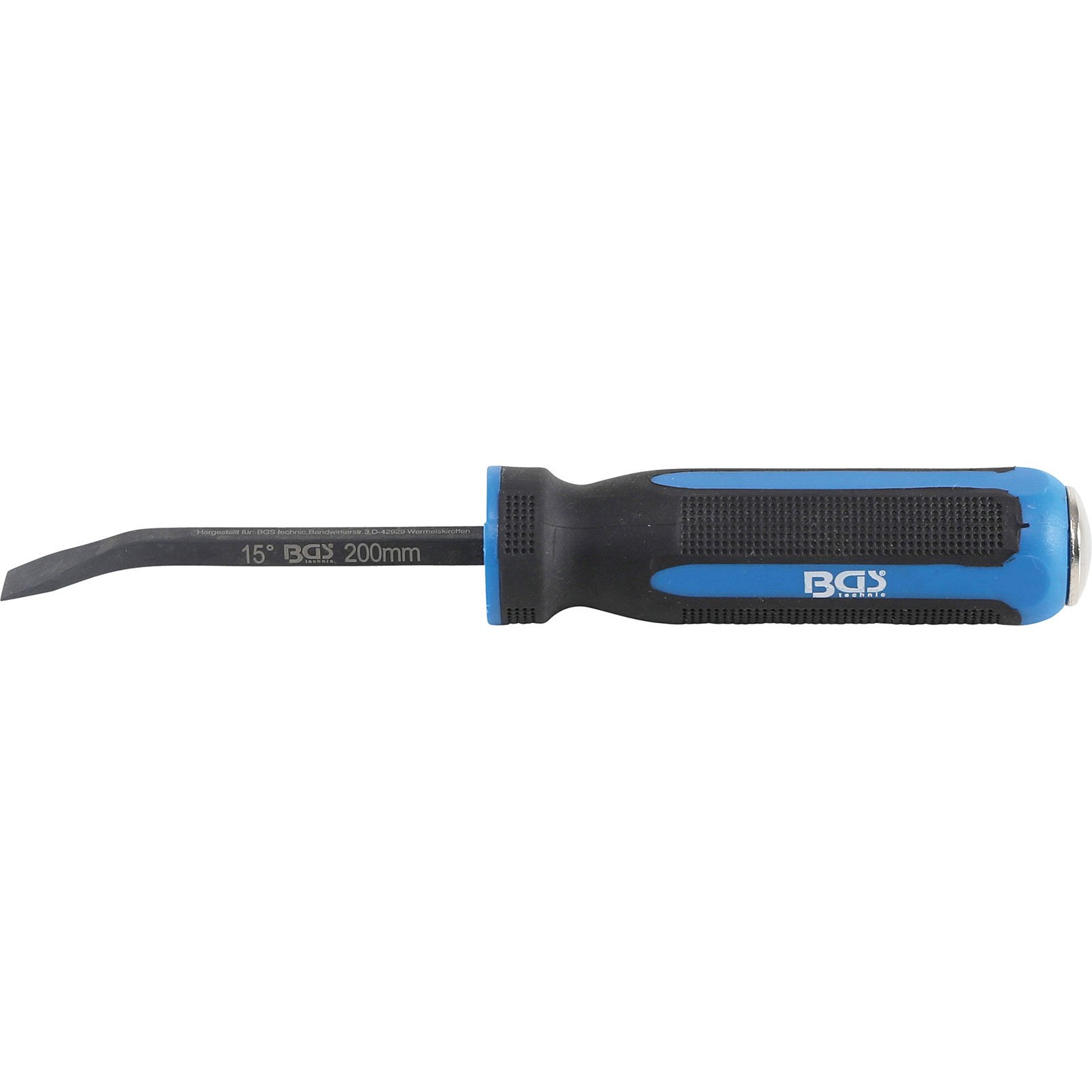 Un utensile BGS con manico nero e blu e lama curva. La lama è nera e presenta testo.