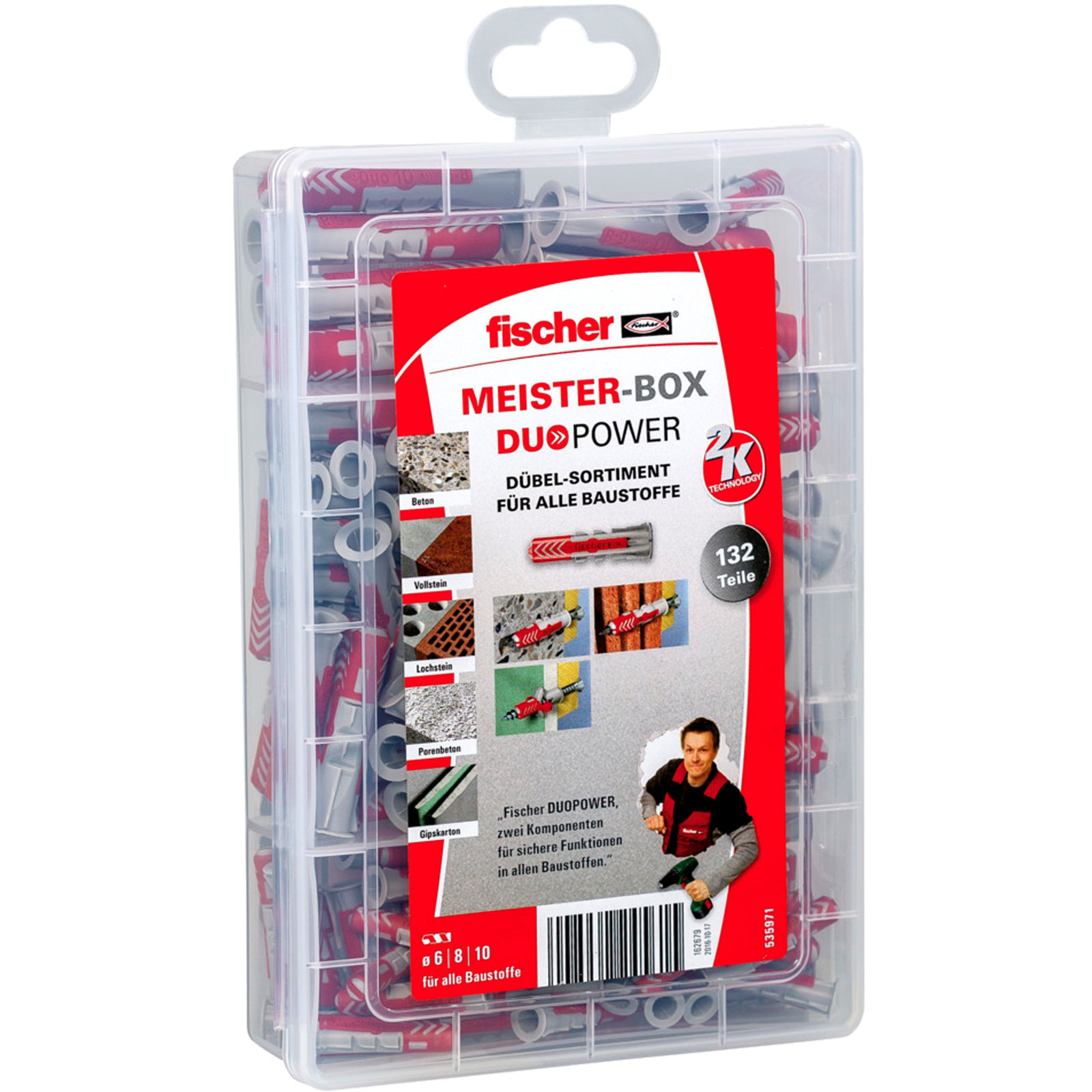 Transparente Kunststoffbox mit roter und weißer Fischer Meister-Box DuoPower, enthält verschiedene Dübel, mit Produktdetails.