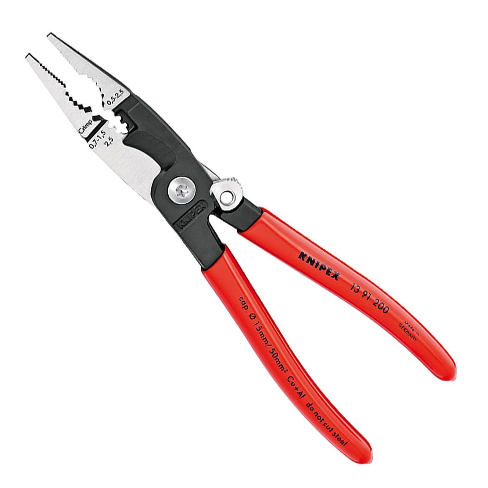 Zange mit schwarzen und roten Griffen. Der Kopf hat silberne Schneidflächen mit Markierungen. Der Markenname KNIPEX ist sichtbar.