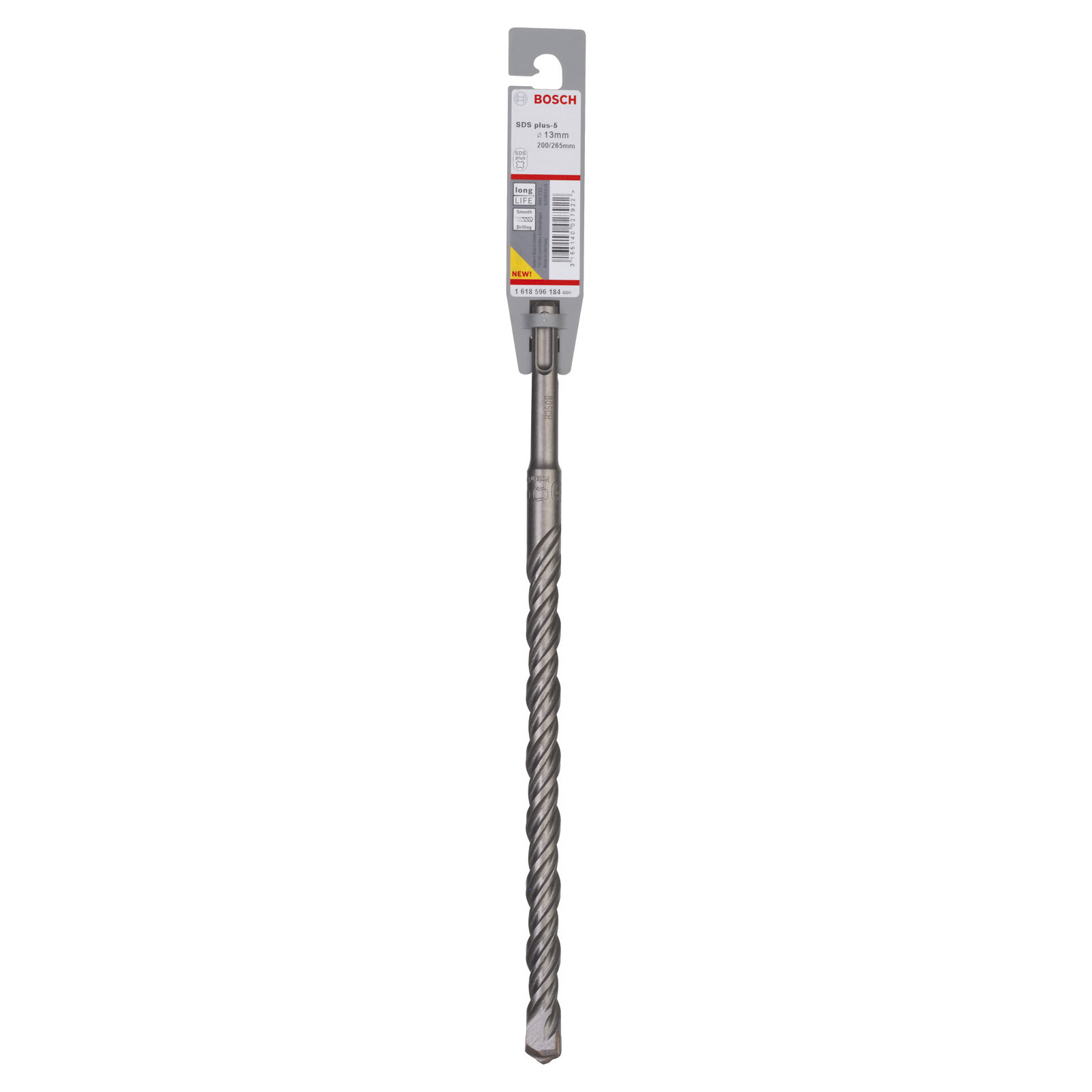 Ein Bosch SDS plus-5 Bohrer mit grauem Körper und weißem Etikett. Der Bohrer hat einen Durchmesser von 13 mm.