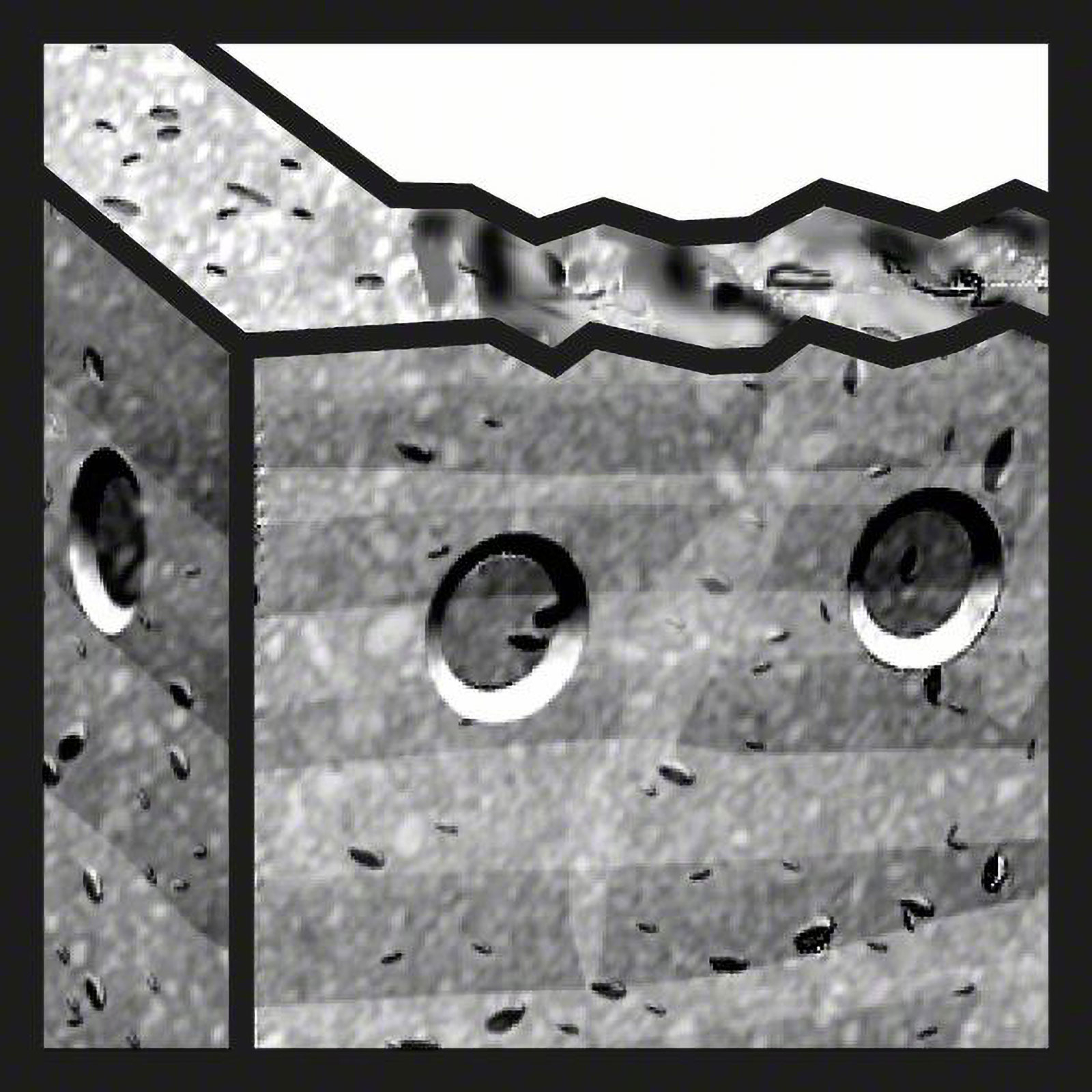 Imagen abstracta de un cubo con tres aberturas circulares. Líneas negras enmarcan el cubo, y formas oscuras puntean la superficie.