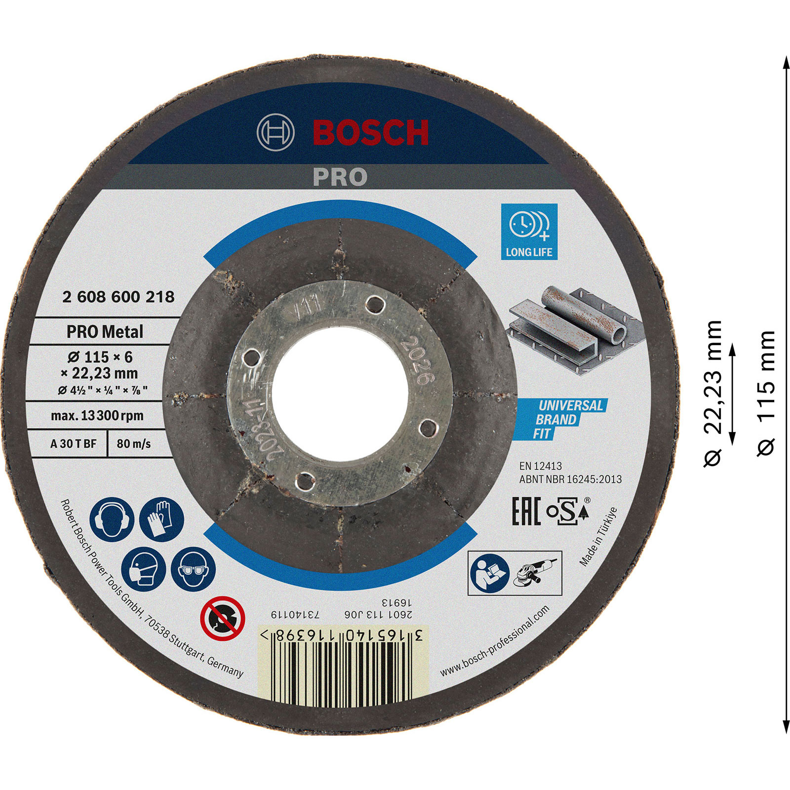 Dairesel bir Bosch metal kesme diski. Ortasında delikler bulunan metal bir göbeğe ve koyu gri bir aşındırıcı dış halkaya sahiptir.