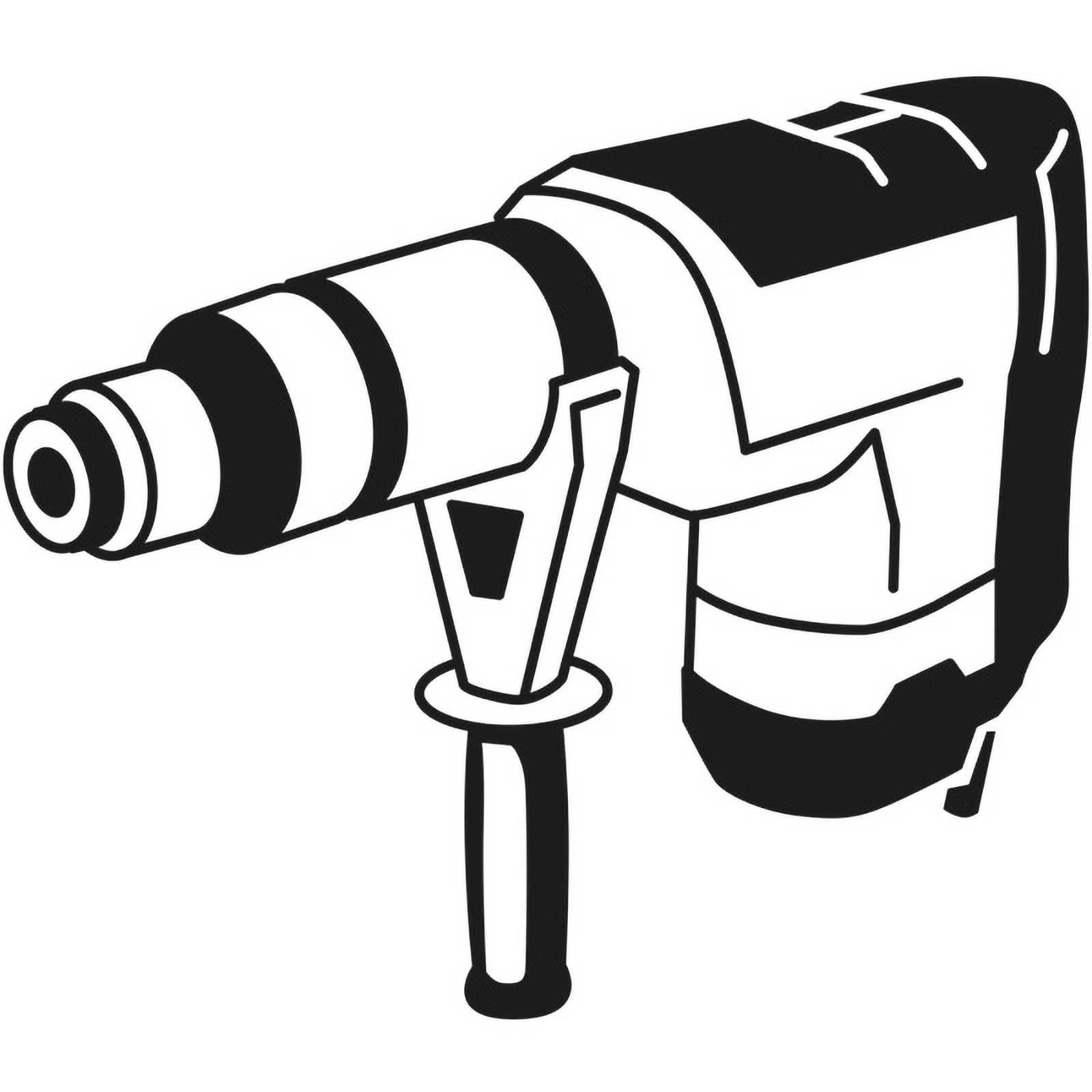 Czarno-biała ilustracja wiertarki. Ma cylindryczny korpus, uchwyt i wiertło.