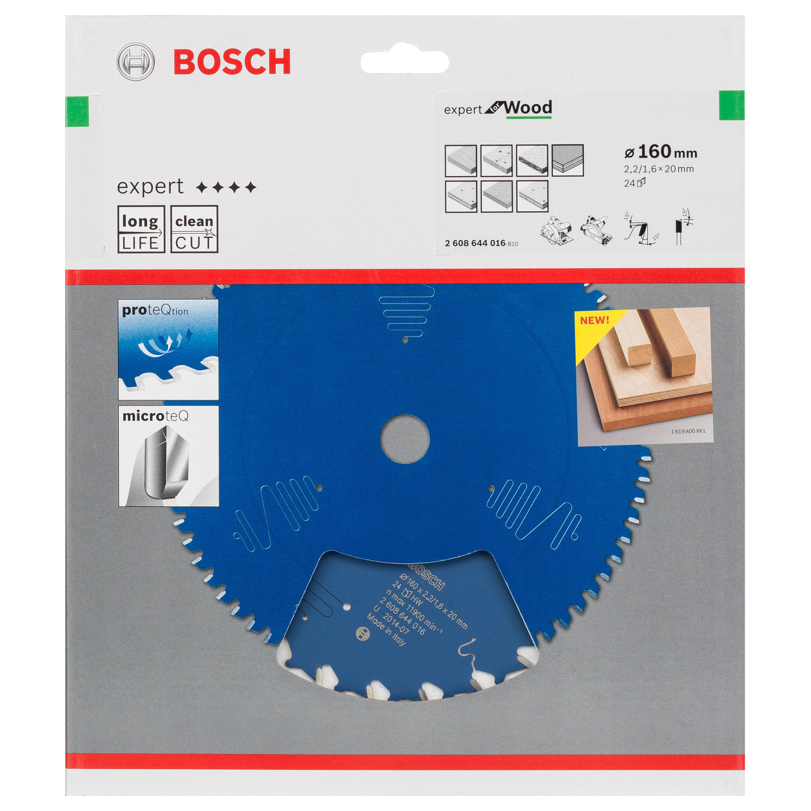 Eine blaue Bosch-Sägeblattverpackung. Sie zeigt das Bosch-Logo, Produktdetails und ein Bild eines Sägeblatts.