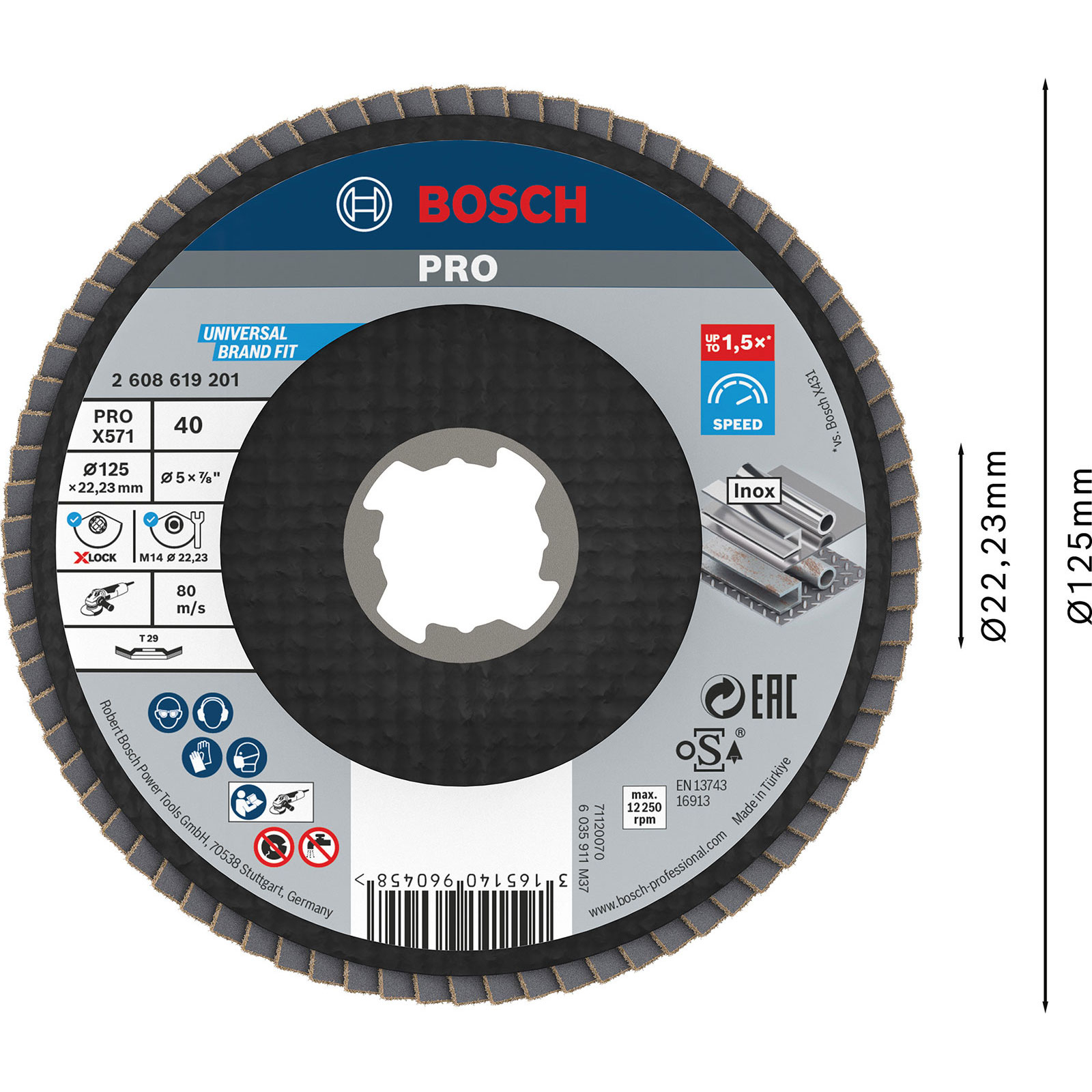 Disque à meuler Bosch Pro. Comprend le nom de la marque, les détails du produit et les symboles de sécurité. Schéma de couleurs gris et bleu.