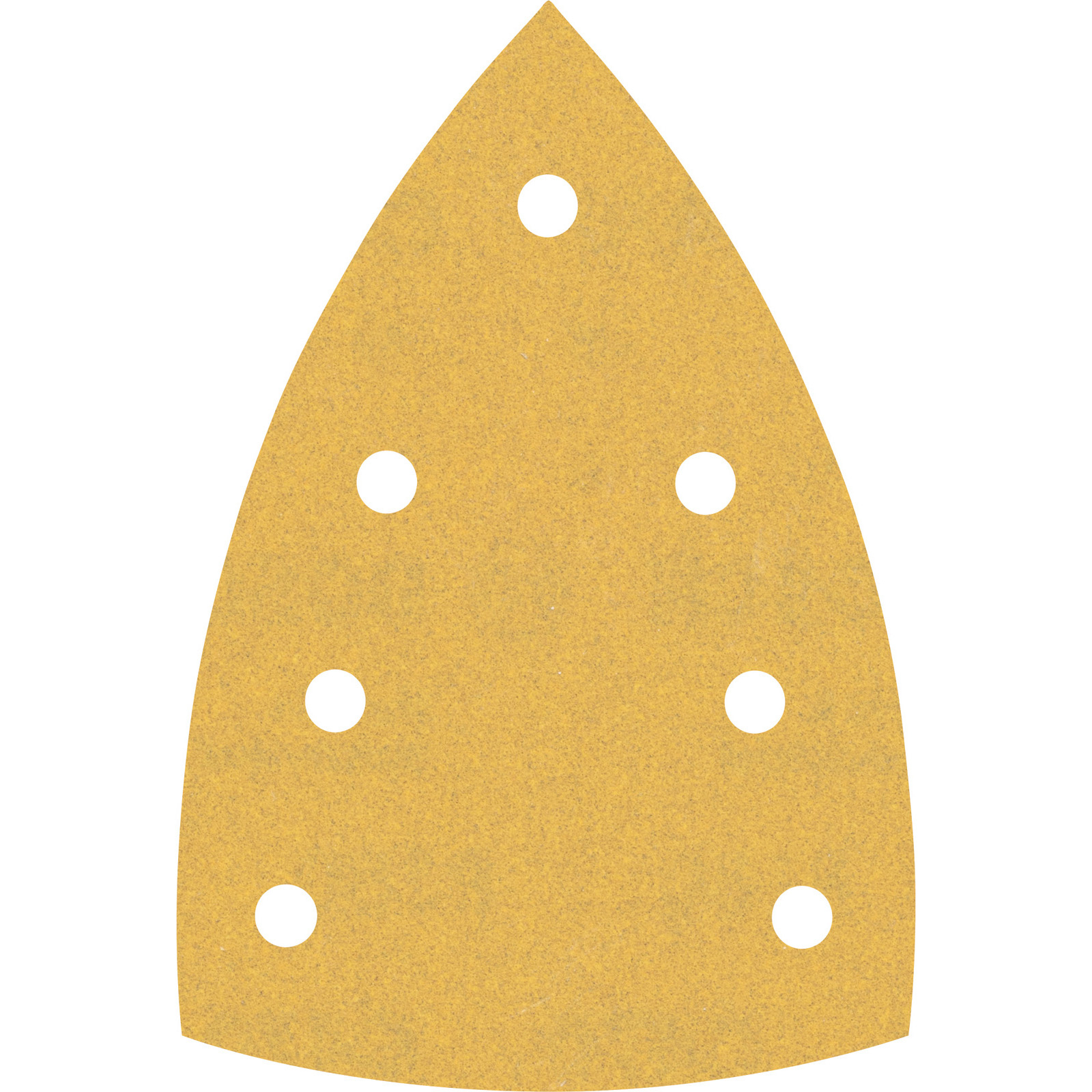 Un foglio abrasivo giallo a forma di goccia con sei fori bianchi, su sfondo bianco.