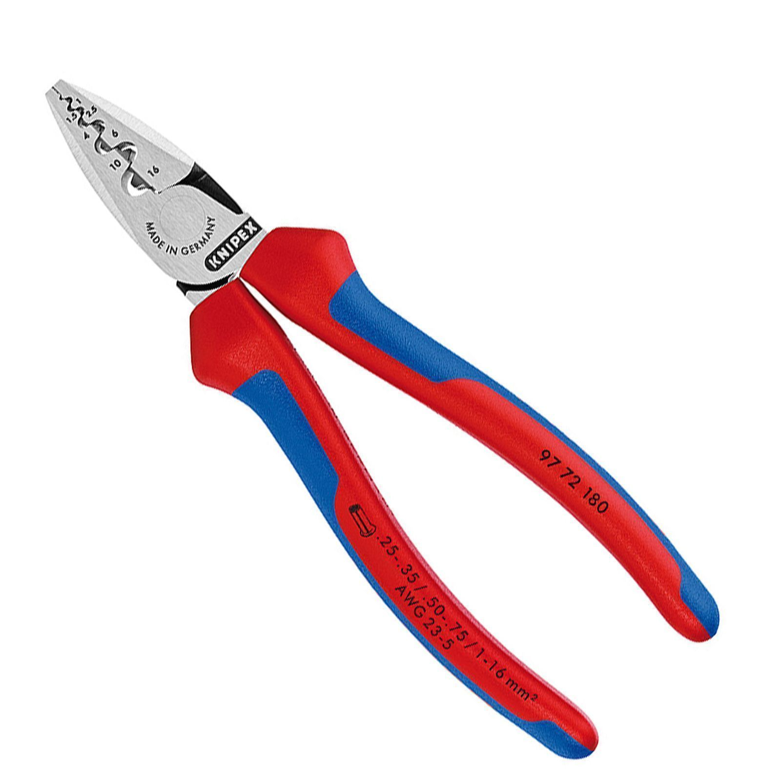 Tang met rode en blauwe handvatten, gemarkeerd met nummers en tekst zoals 'KNIPEX' en 'MADE IN GERMANY'.