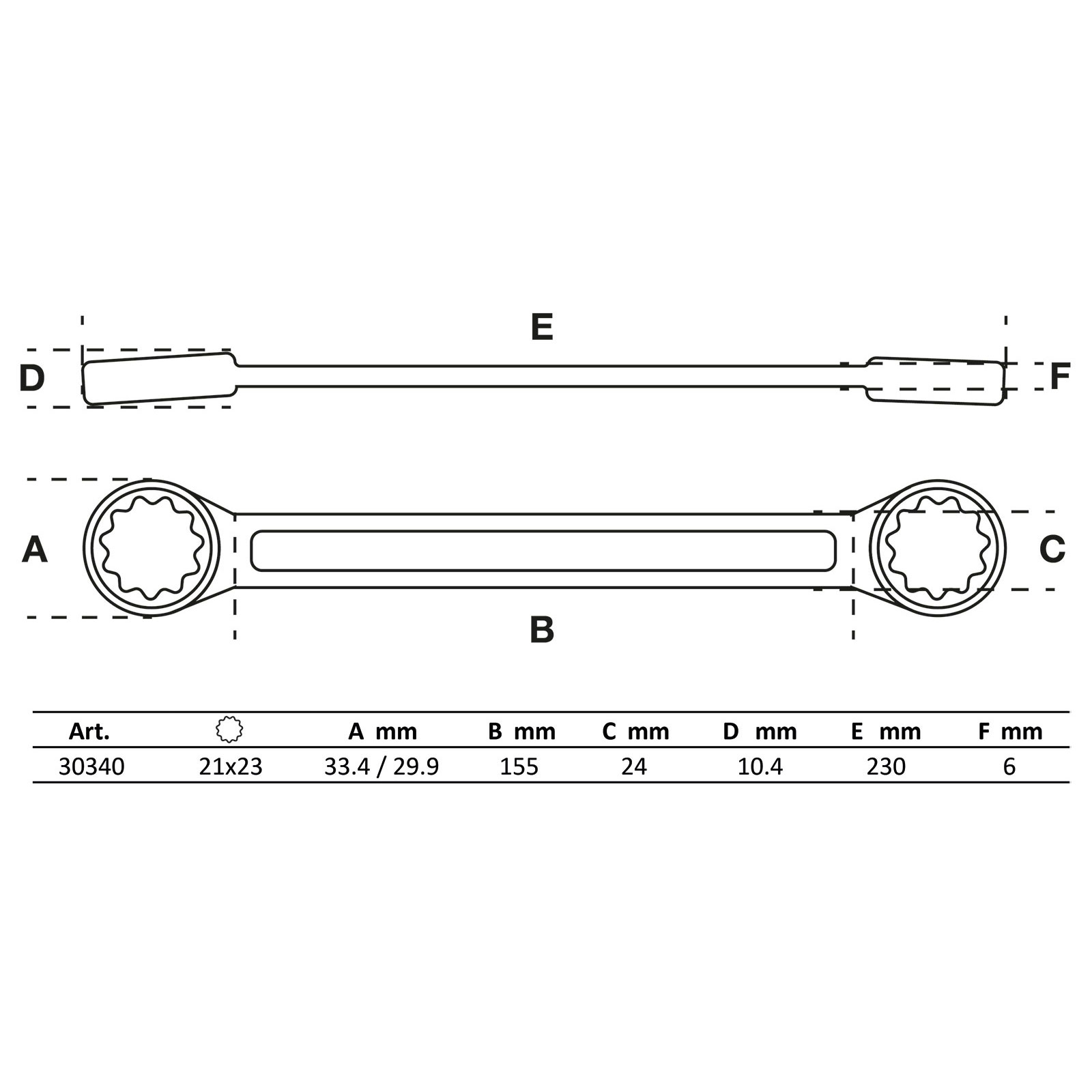 Un diagramma di una chiave inglese, etichettato con dimensioni e una tabella che dettaglia le informazioni sulle dimensioni. La chiave ha due estremità diverse.