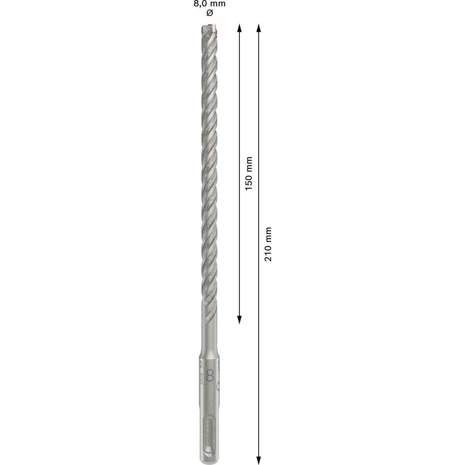 Wiertło ze skręconym trzpieniem i cylindrycznym korpusem, ze wskaźnikami rozmiaru i długości.