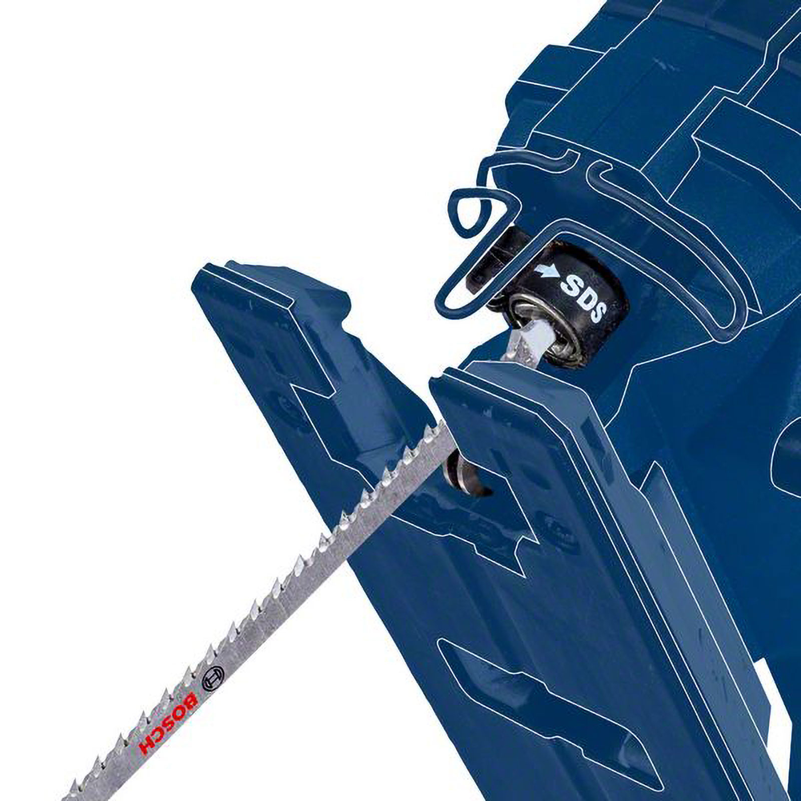 Un seghetto alternativo blu con una lama di metallo. Il logo Bosch è visibile. Il logo SDS è su una parte nera.