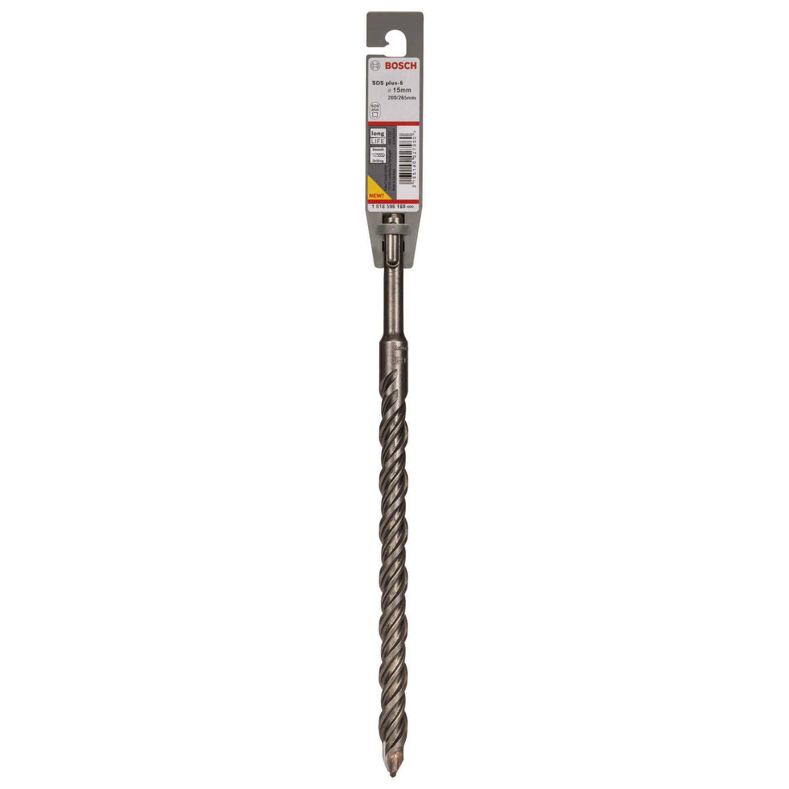 Ein Bosch SDS plus-5 Bohrer. Die Verpackung zeigt Marke und Spezifikationen. Der Bohrer ist grau und gedreht.