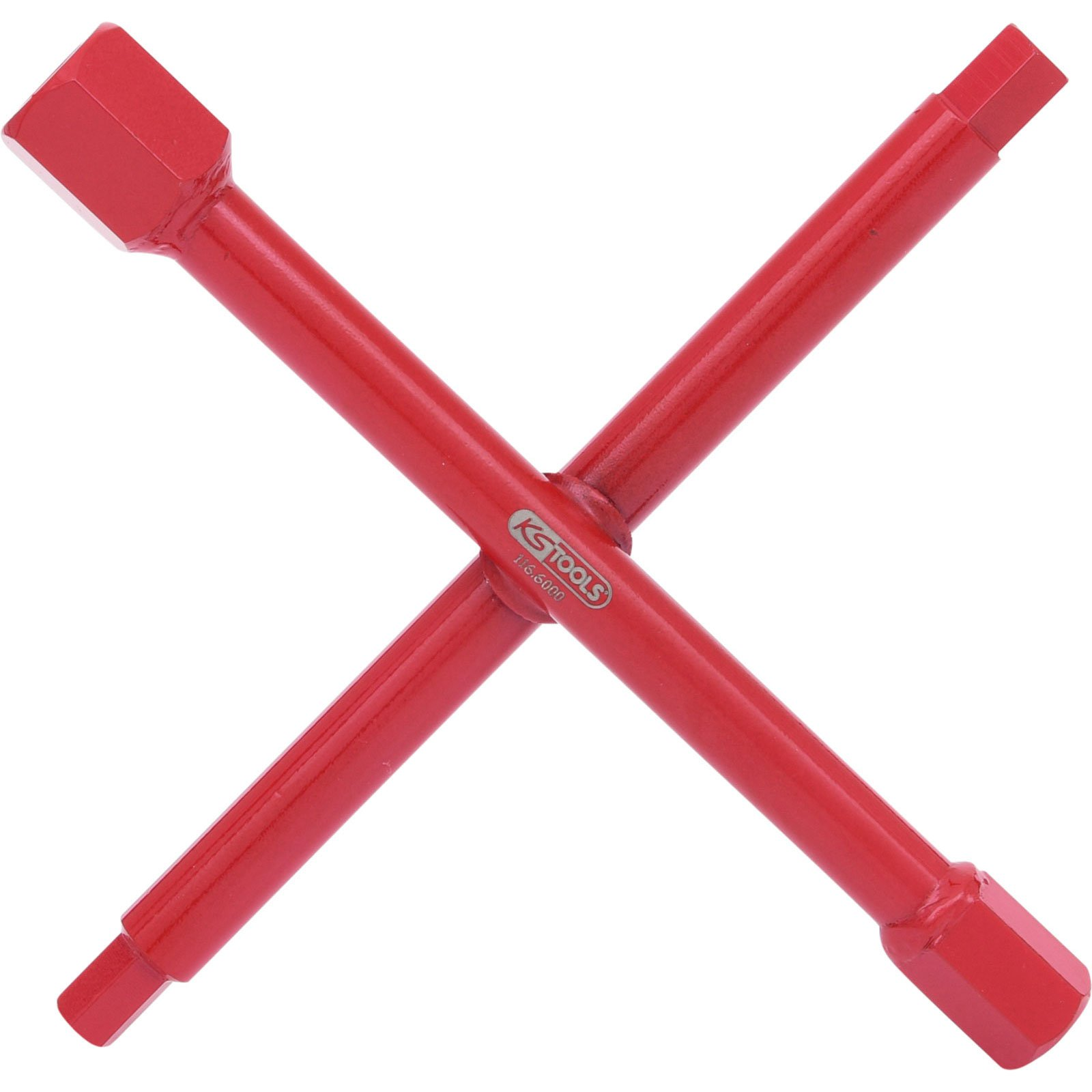 Una chiave per dadi rossa. È uno strumento a forma di croce con estremità esagonali. Il marchio 'KS TOOLS' è al centro.
