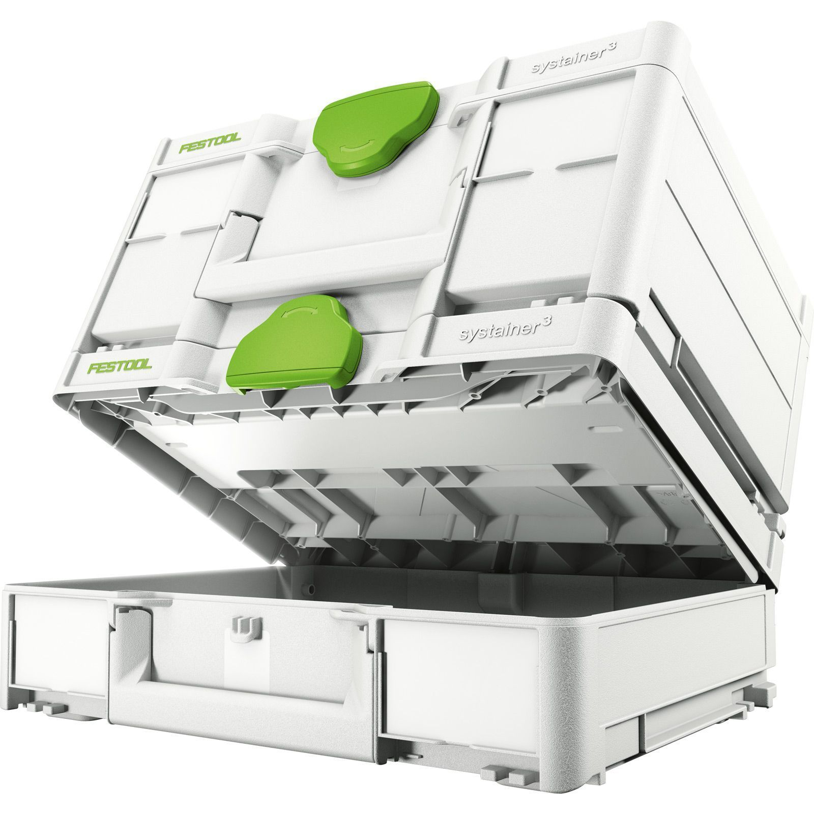Weiße Festool Systainer-Box, geöffnet. Es hat grüne Verschlüsse. Ober- und Unterseite sind offen.