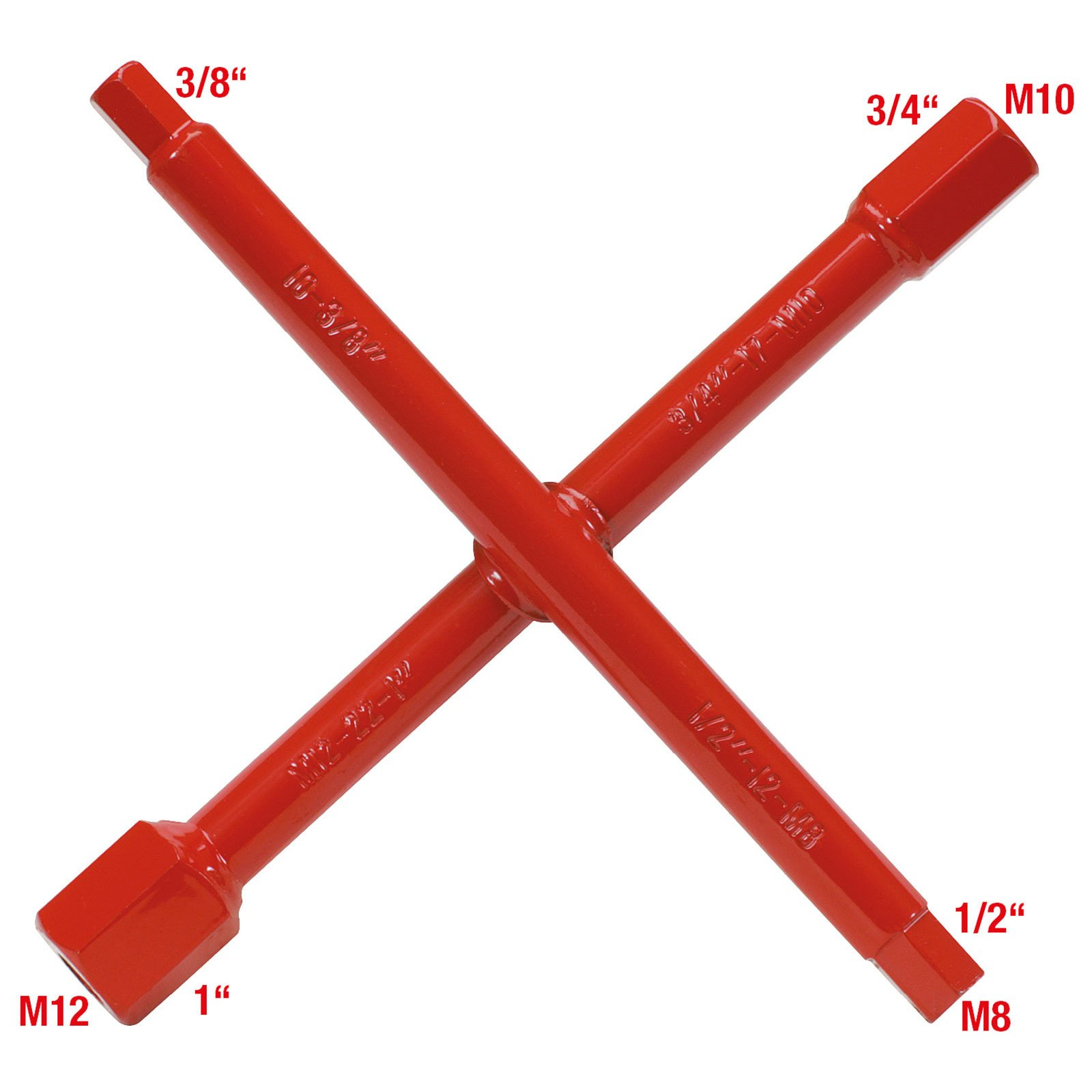 Una chiave per dadi rossa con quattro estremità di dimensioni diverse. Le marcature indicano dimensioni come 3/8", 1", 1/2" e 3/4". Lo sfondo è bianco.