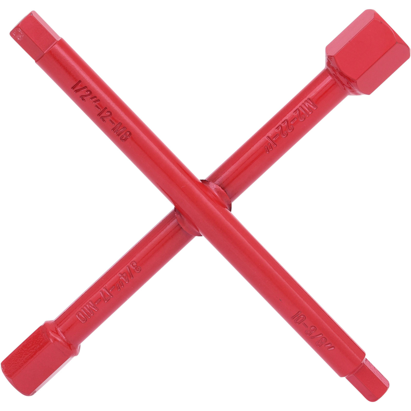 Una chiave a croce rossa a forma di X, con scritte: 1/2"-12-M8, M12-22-100, 3/4"-17-MIO e 10-3/8".