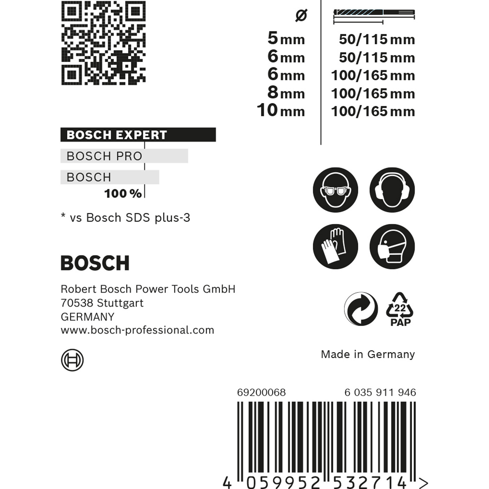 Weißer Hintergrund mit Produktinformationen, einschließlich Größen, Sicherheitssymbolen und einem Barcode.