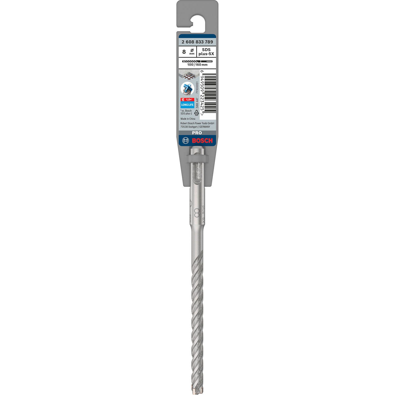 Wiertło Bosch SDS plus-5X z opakowaniem. Wiertło jest srebrne, ma spiralny wzór i jest oznaczone 'PRO'.