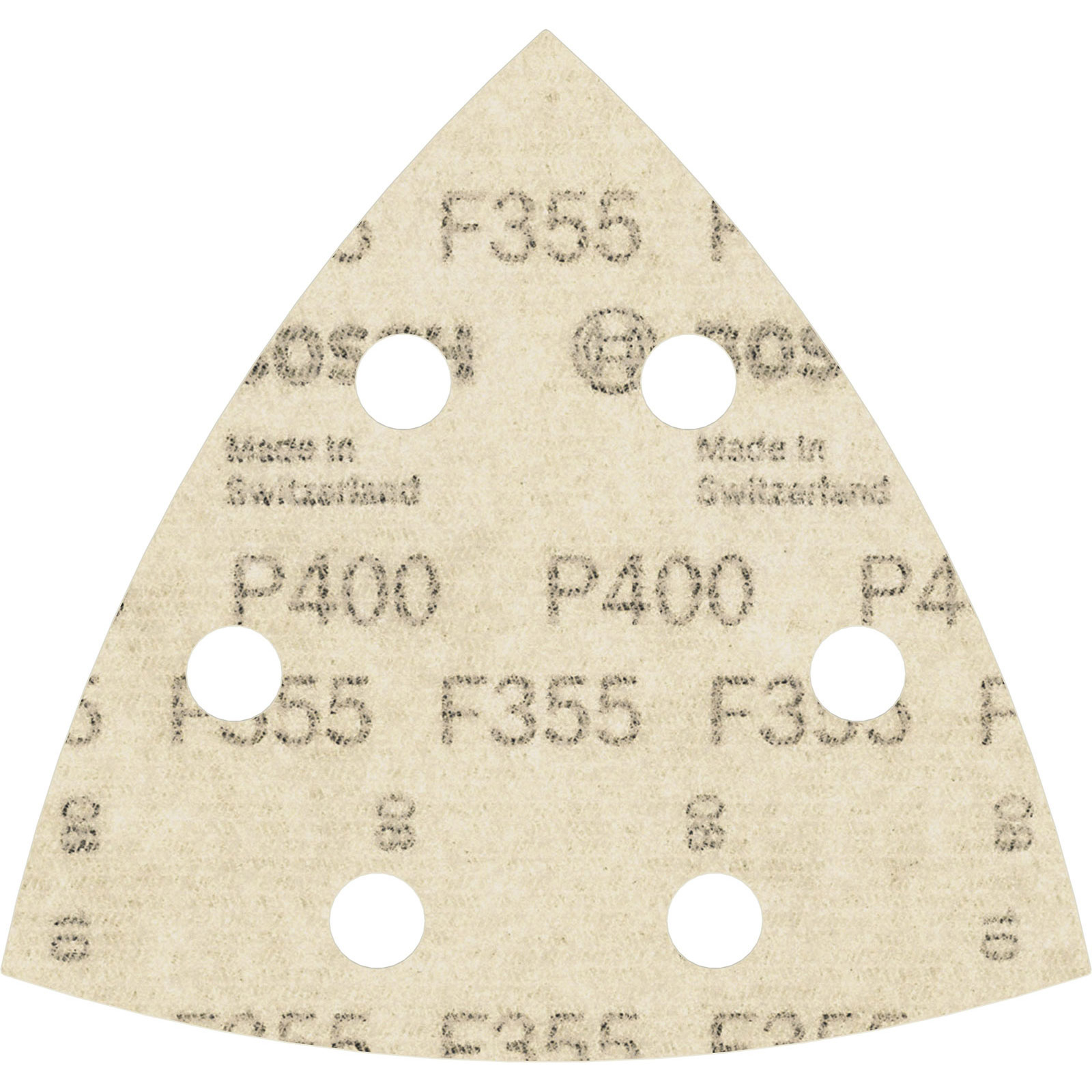 Dreieckiges Schleifpapier mit Löchern. Enthält gedruckten Text und Zahlen. Beige Farbe. Hergestellt in der Schweiz.