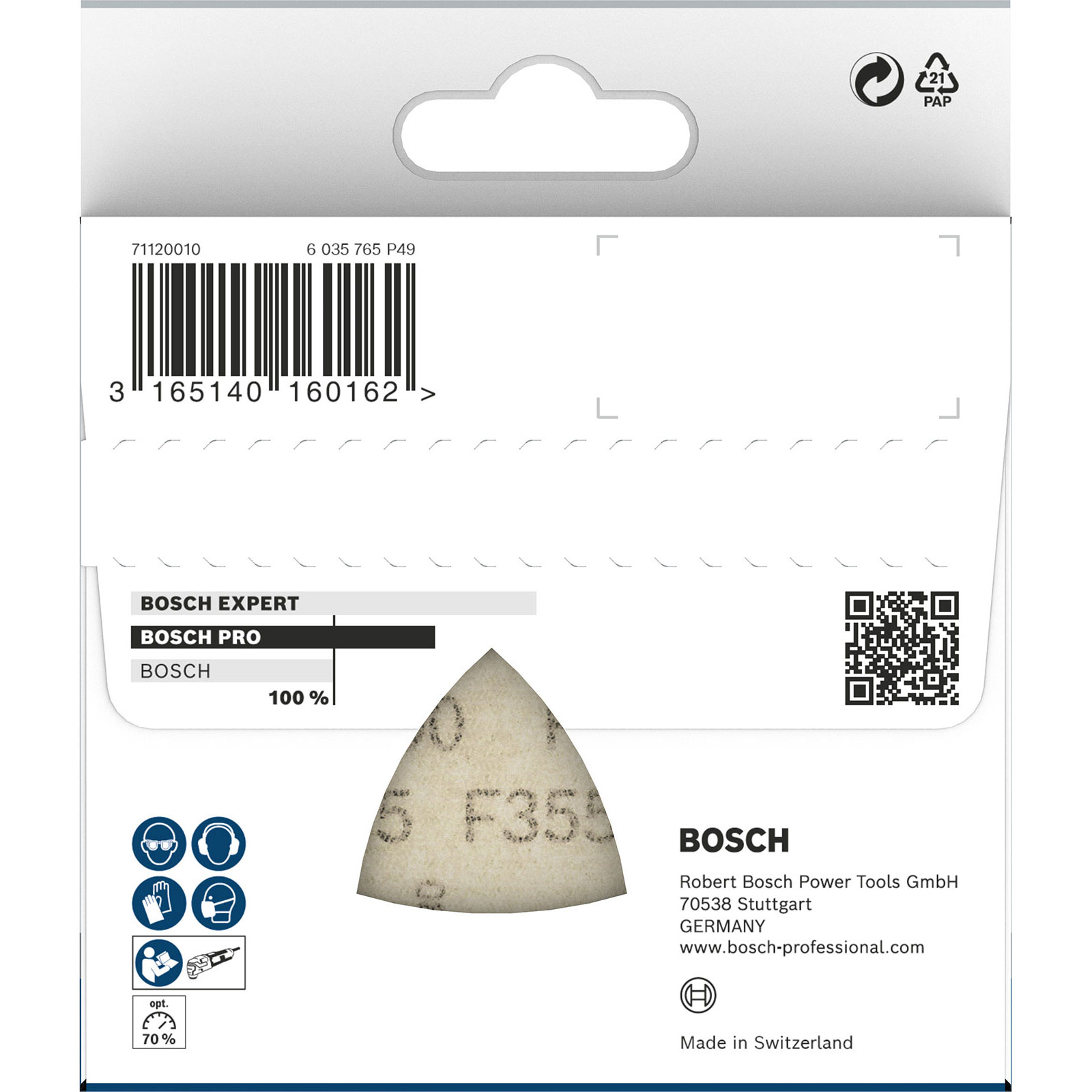Eine weiße und graue Bosch-Produktverpackung mit einem dreieckigen Schleifpad. Text enthält Bosch, Produktdetails und Sicherheitssymbole.