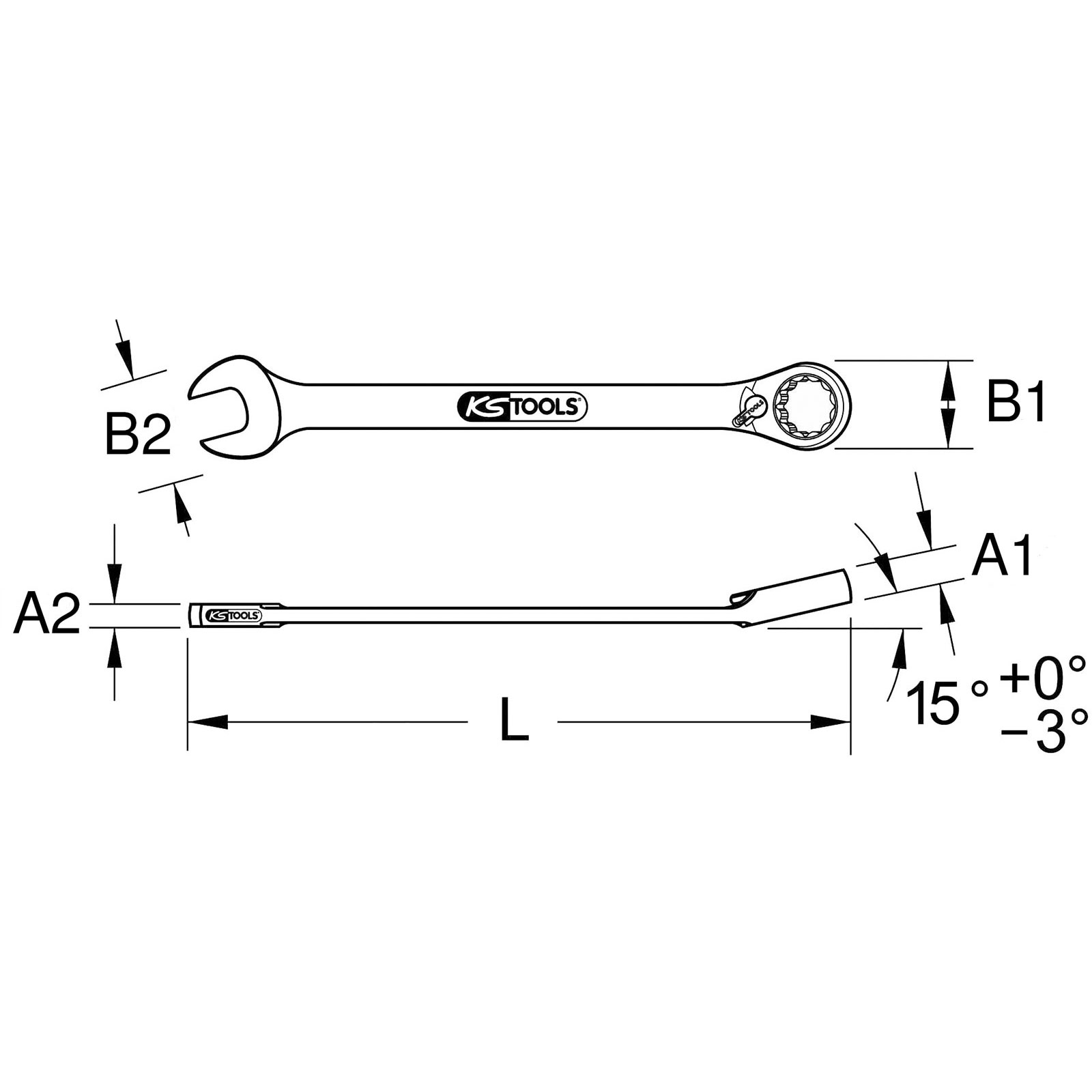 Schwarz-weiß-Diagramm eines Schraubenschlüssels. Es hat beschriftete Abmessungen und das Logo 'KS TOOLS'.