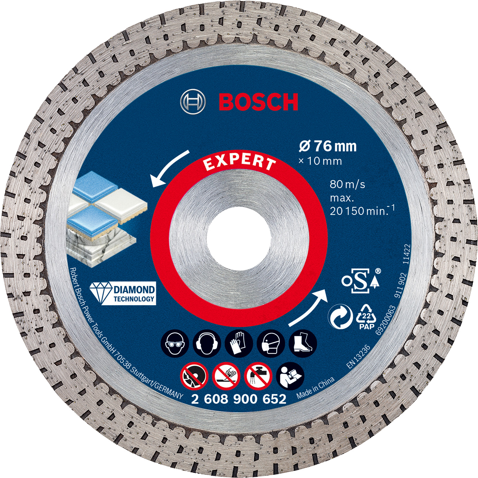 Dairesel bir Bosch elmas kesme diski. Kırmızı halkalı mavi merkez, beyaz metin ve güvenlik simgeleri. Gümüş dış kenar.