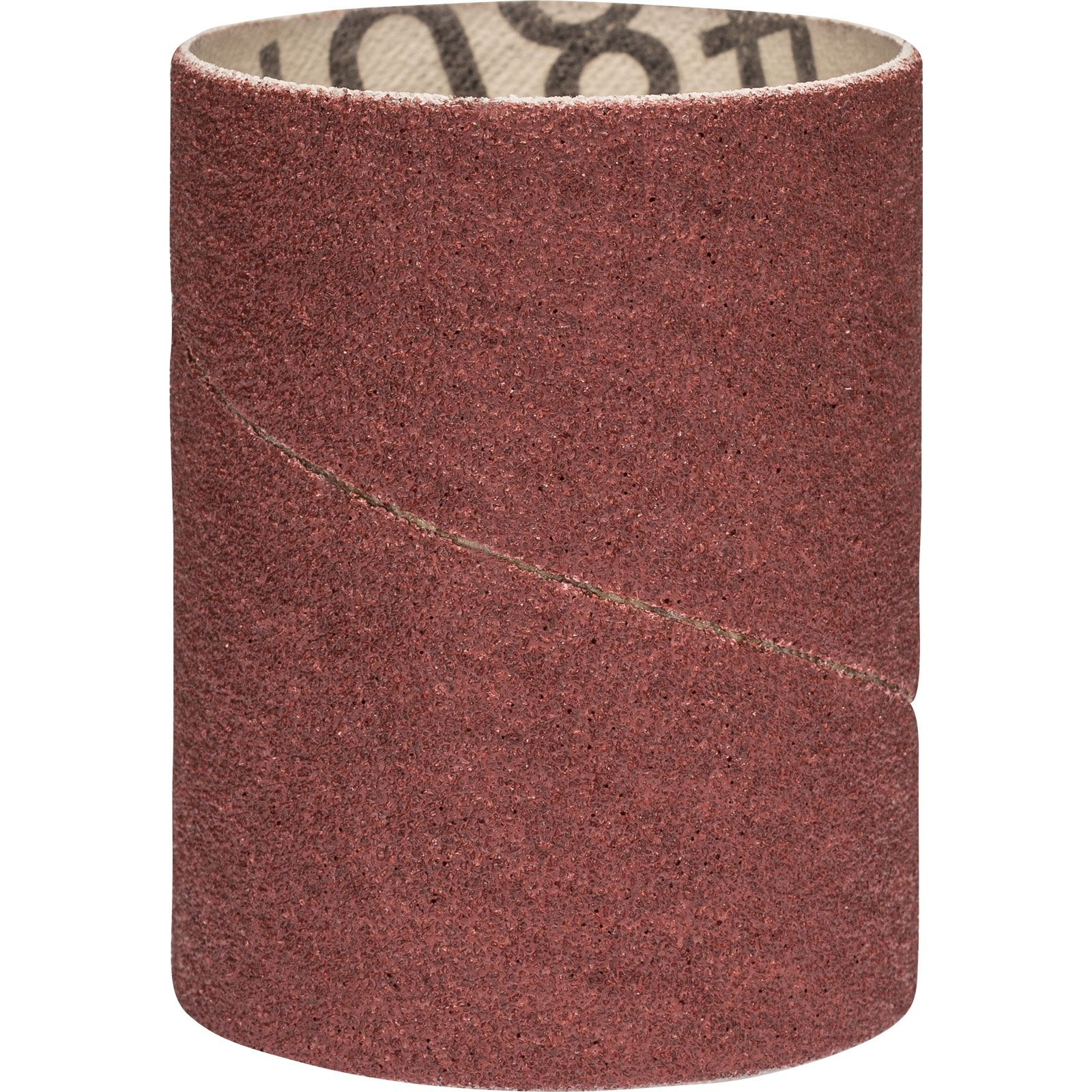 Una funda de lijado cilíndrica, marrón rojizo con una costura diagonal. El interior es beige con texto descolorido.