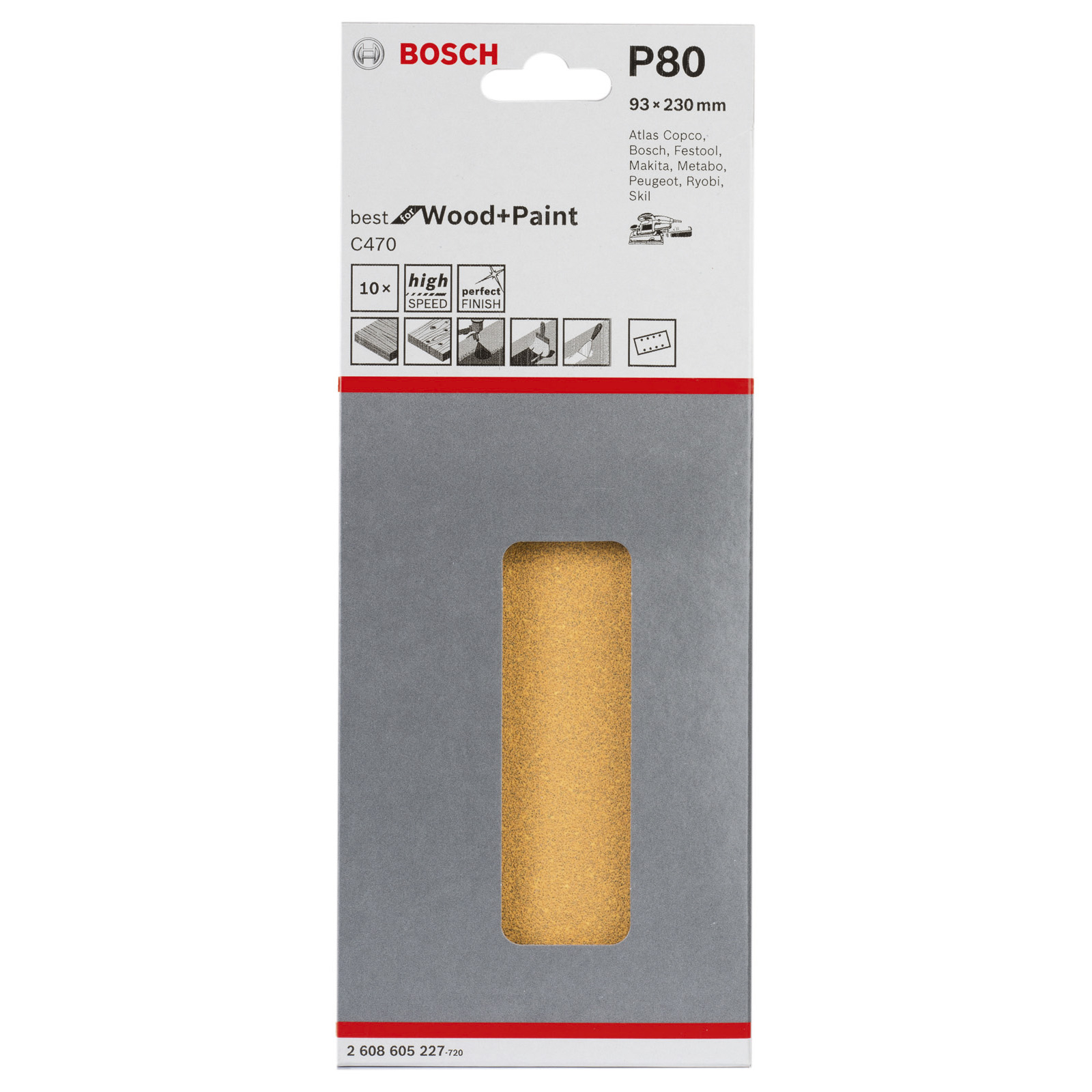 Bosch P80 Schleifpapier für Holz und Farbe. Die Verpackung ist grau, mit einem gelben Schleifpapier, das durch einen Ausschnitt sichtbar ist.