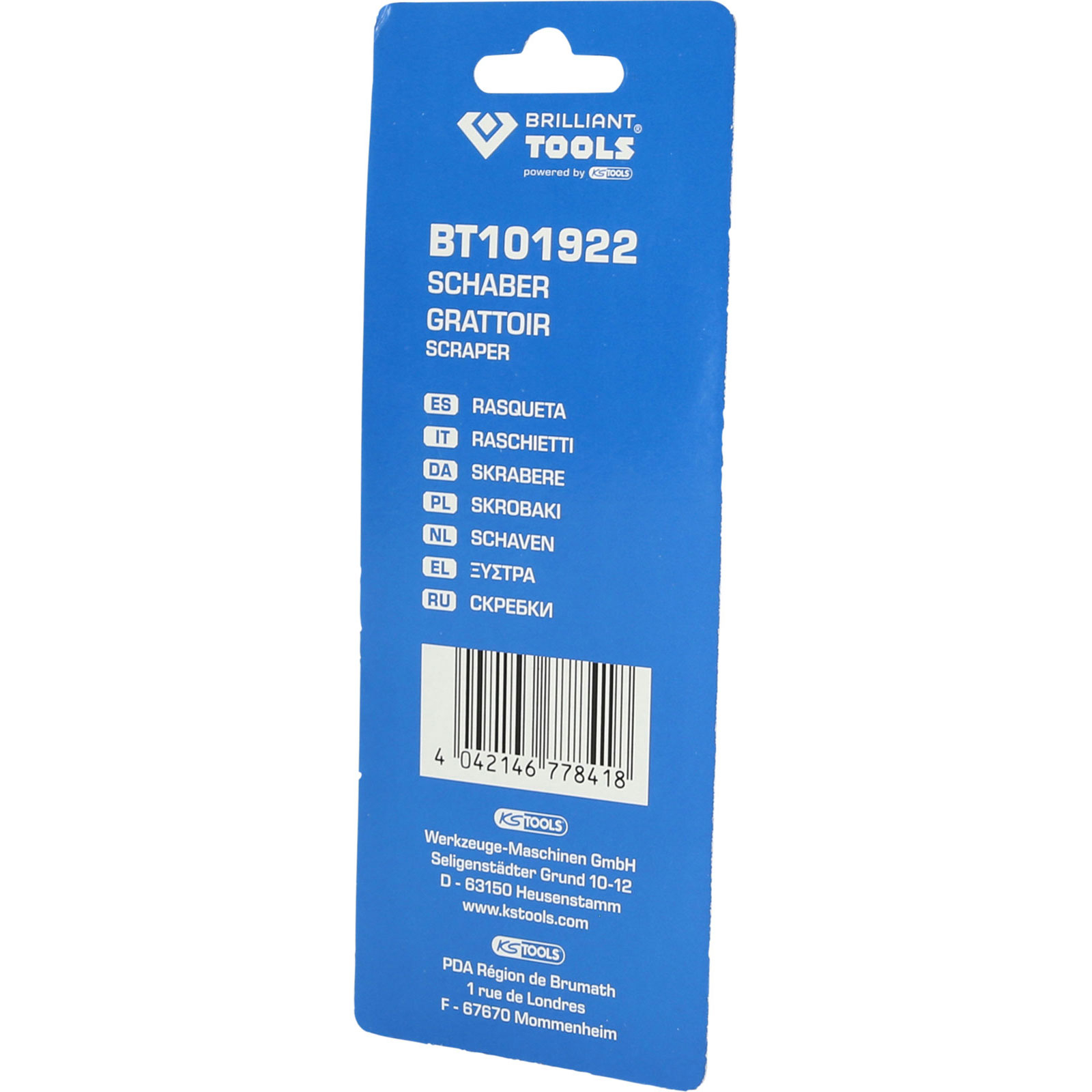 Blaue Karte mit 'BRILLIANT TOOLS'-Logo. Text: SCHABER, GRATTOIR, SCRAPER. Enthält Produktcode, Barcode und Firmendetails.