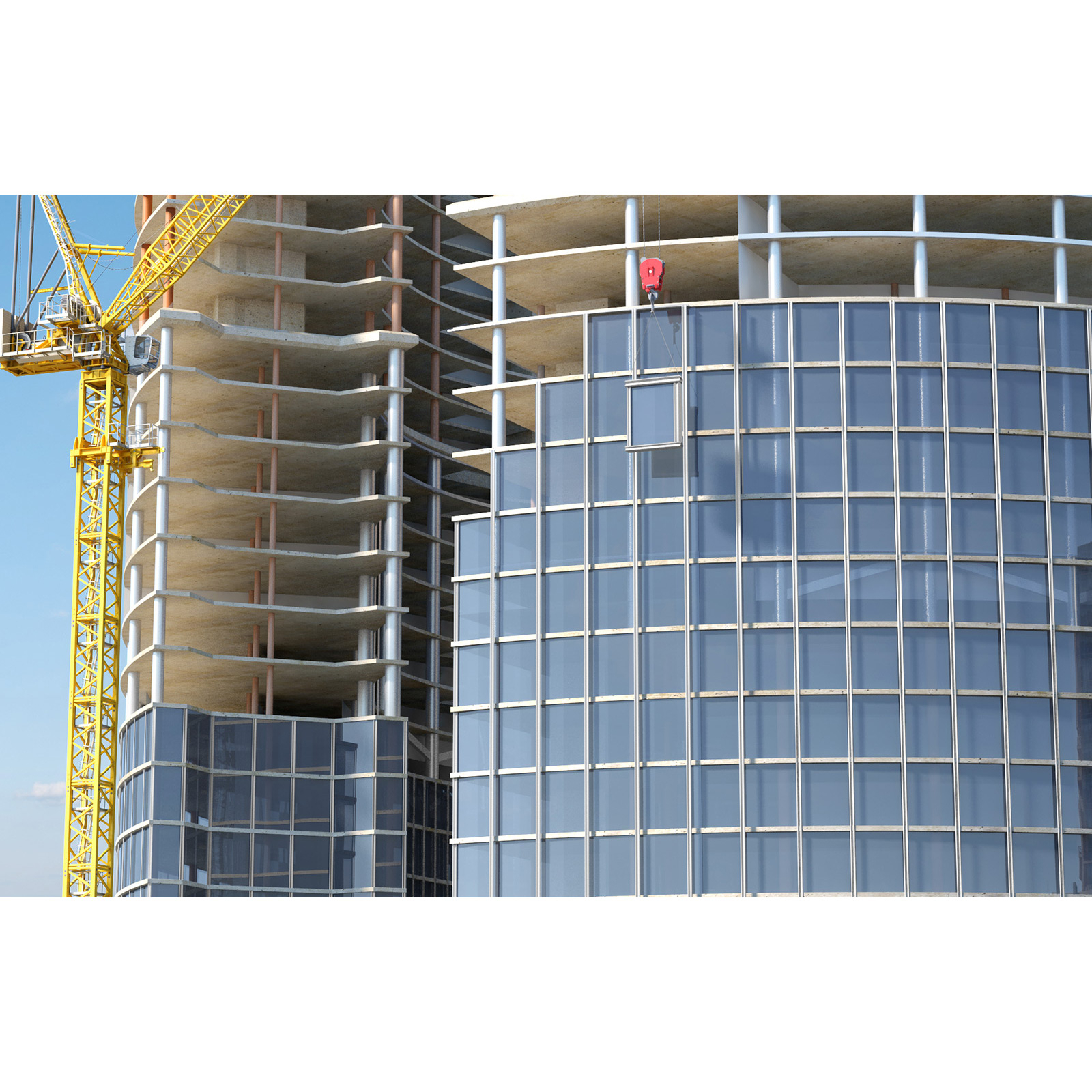Baustelle. Ein gelber Kran neben einem im Bau befindlichen Gebäude. Glaspaneele werden an der Fassade installiert.