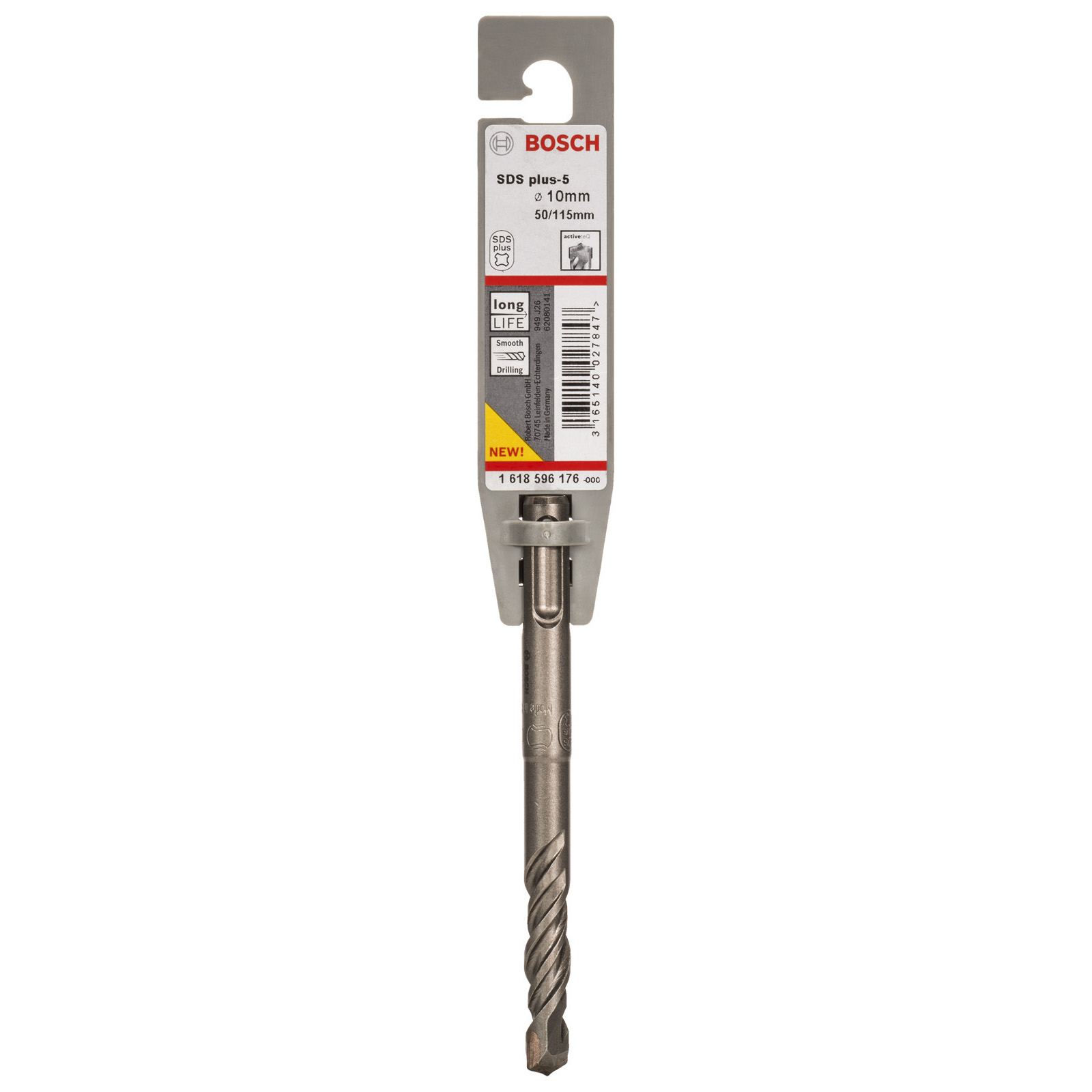 Ein Bosch SDS plus-5 Bohrer. Er hat einen grauen Griff und einen schwarzen Bohrer mit Spiraldesign. Die Verpackung ist weiß.