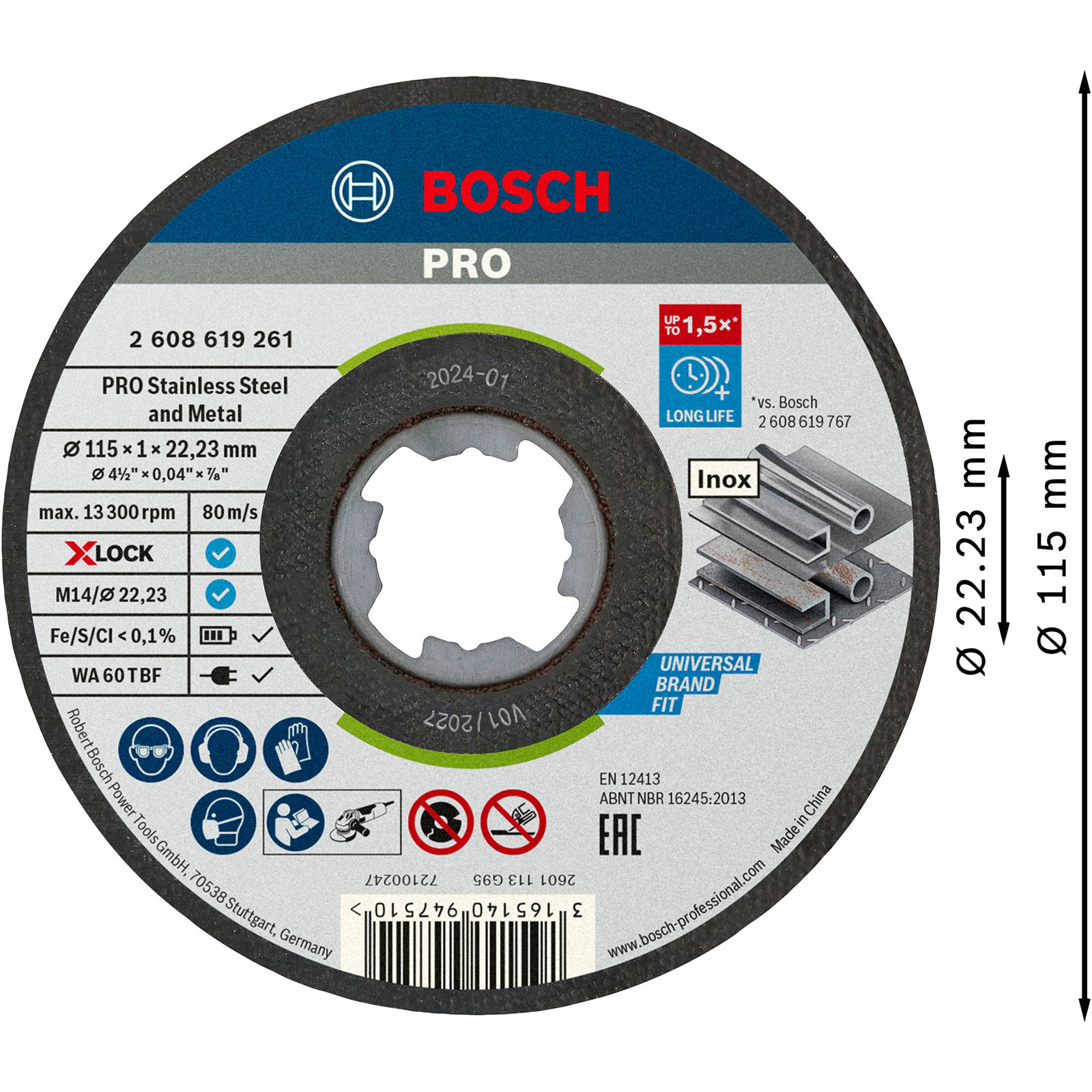 Een cirkelvormige Bosch Pro metaalschijf. Het bevat productdetails, veiligheidsiconen en afmetingen, inclusief de snijcapaciteit.